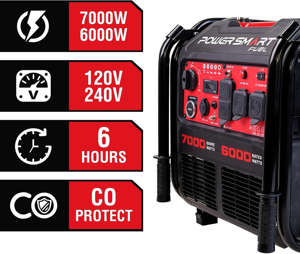 PowerSmart 7000-Watt Open Frame Inverter Generator, Electric Start Portable Generator for Home Backup & RV Camping - Gas Powered, 120V/240V Dual Voltage, Clean Power for Sensitive Electronics
