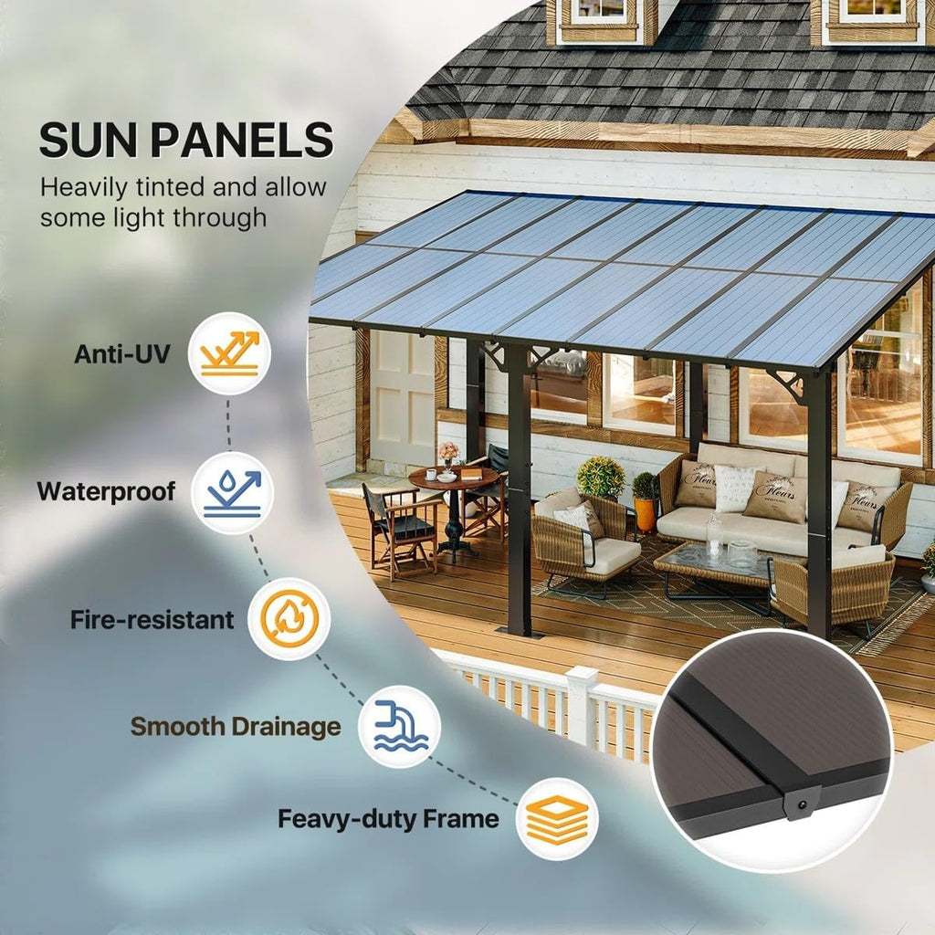 Gazebo for Patio 10' x 16', Wall-Mounted Lean to Gazebo Pergola with Roof, Hard Top Heavy Duty Awnings for Backyard, Decks and More