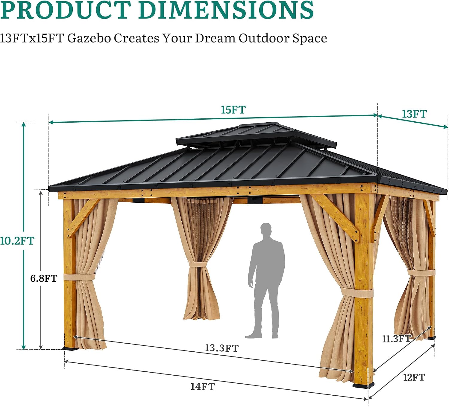 YITAHOME 13X15FT Wood Gazebo Outdoor Wooden 4.7X4.7 Frame Gazebo Double Roof Hardtop Galvanized Steel Top Canopy w/Curtain and Netting, Patio Heavy Duty Gazebo for Deck, Backyard, Golden