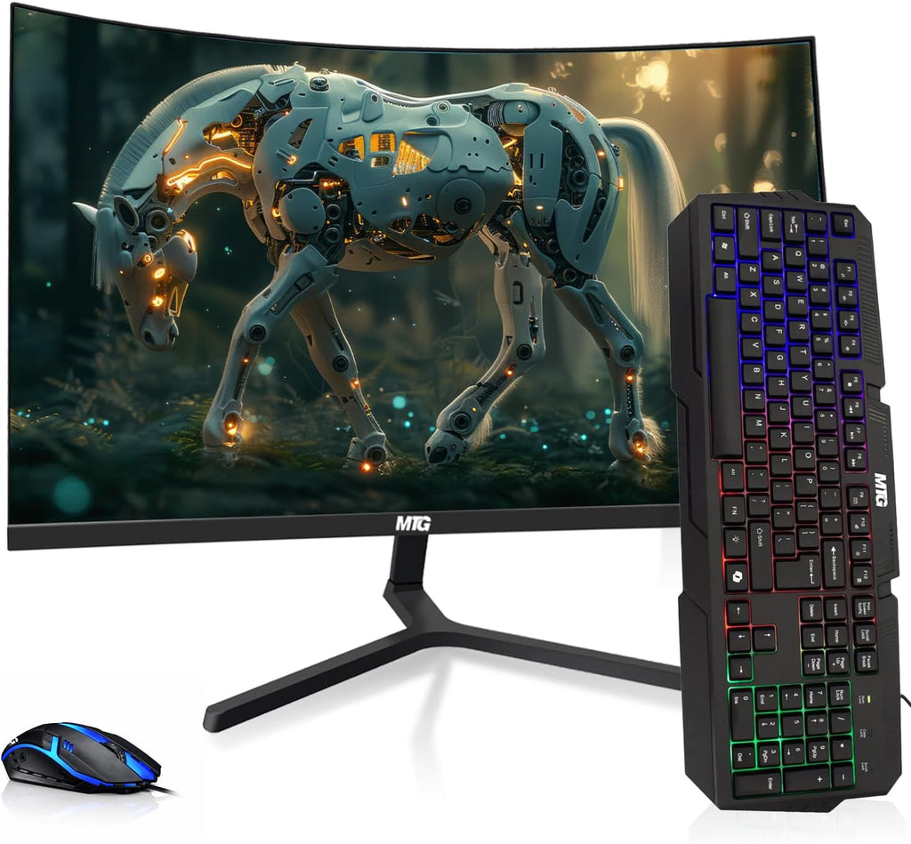 MTG 27' Curved Monitor Full HD 1080P Frameless Screen, HDMI DP USB Audio, Low Motion Blur, VESA Mount, RGB Keyboard Mouse Combo, Computer Monitor for Gaming, Home and Office