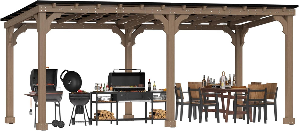VEIKOU 10'x20' Outdoor Patio Gazebo with 5.5' Width Wood Posts, BBQ Backyard Shelter, Grill Gazebo with Sloping Steel Roof Design & Cedar Frame for Barbecue, Garden, Deck, Light Mocha Brown