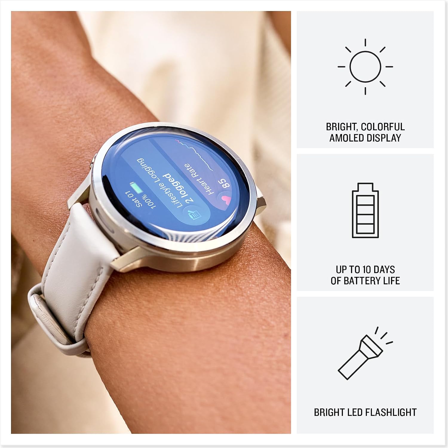 PlayBetter Garmin Venu 4 (Lunar Gold/Light Sand Leather, 41mm) Fitness GPS Smartwatch Bundle - AMOLED Display, Built-in Flashlight, Long Battery Life Portable Charger & HD Screen Protectors