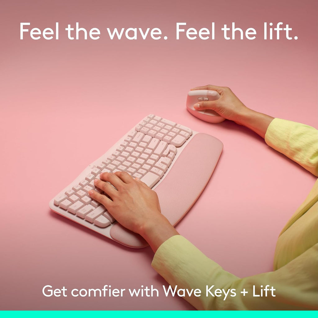 Logitech Wave Keys & Lift Vertical Mouse - Ergonomic Wireless Keyboard and Mouse Combo - with Cushioned Palm Rest, Easy-Switch, Bluetooth, for Multi-OS, Windows/Mac - Rose