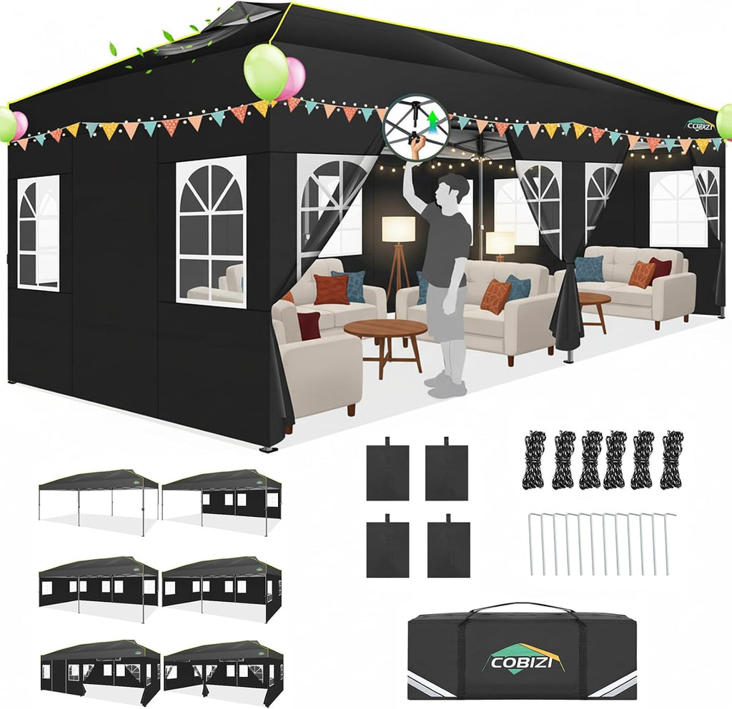 COBIZI 10x20 Pop Up Canopy Tent with 6 Sidewalls One Push Setup Outdoor Commercial Gazebo Waterproof UPF 50+ Party Tent with Carry Bag,Air Vent,Sandbag Tents for Parties,Wedding,Backyard,Black