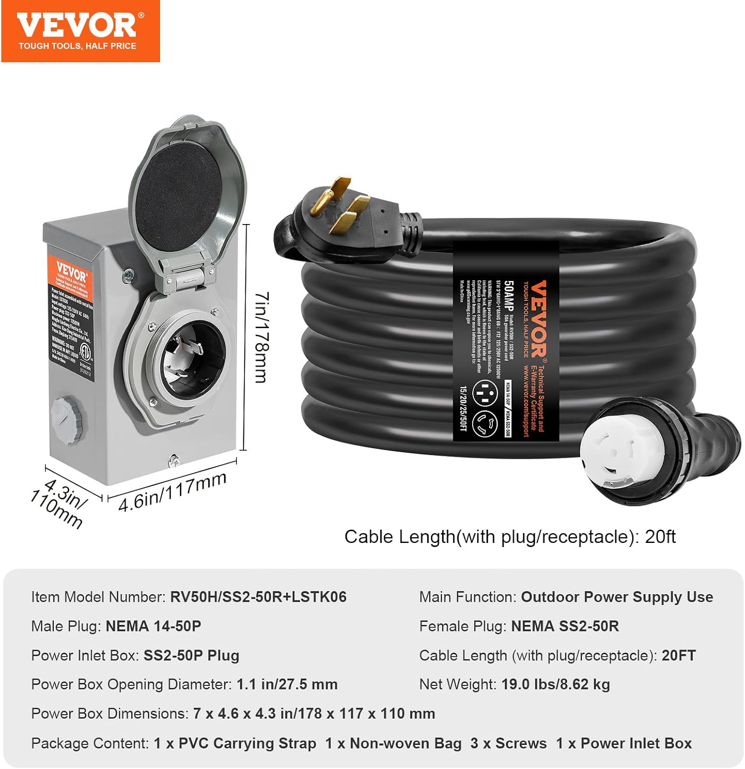 VEVOR 50 Amp Generator Cord and Power Inlet Box Kit, 20FT Generator Extension Cord NEMA 14-50P/SS2-50R STW 6/3+8/1 AWG with Twist Lock Connector, Pre-Drilled Inlet Box, ETL Listed