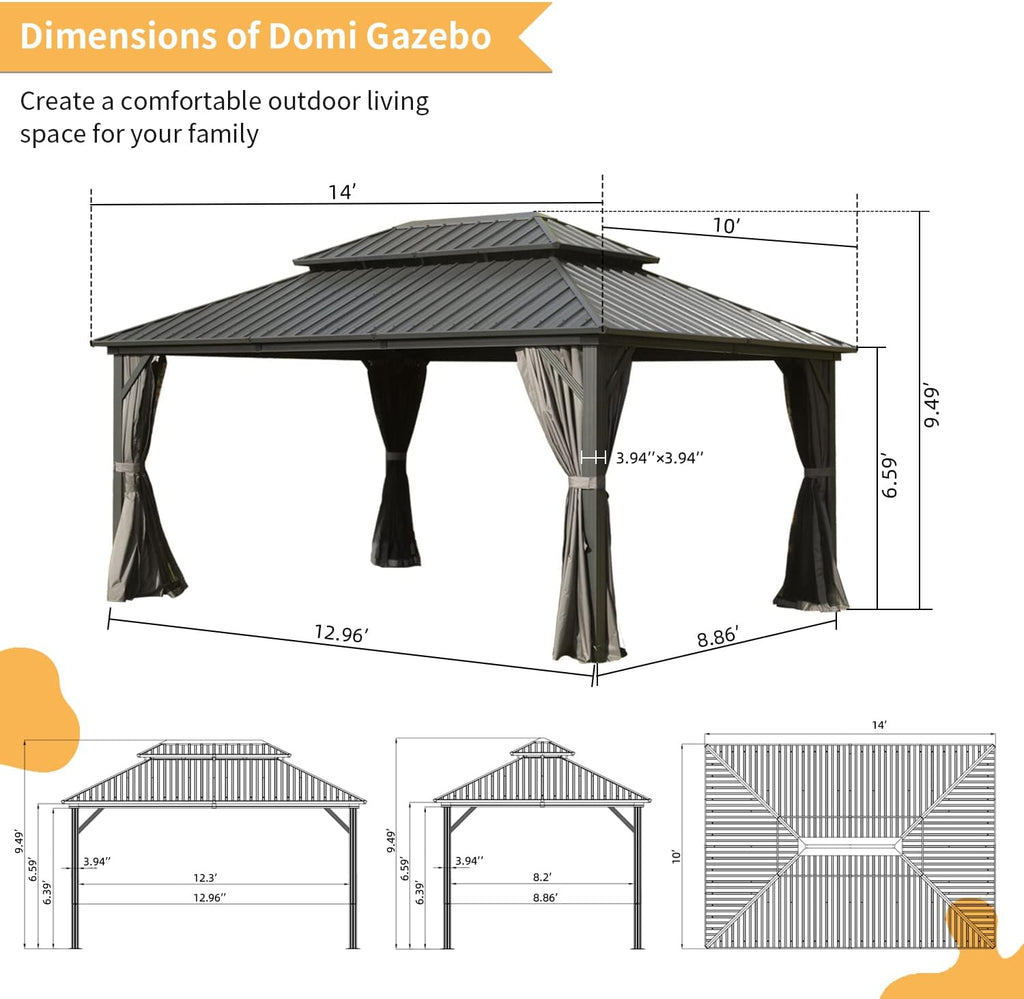 Domi 10' x 14' Hardtop Gazebo Permanent Metal Gazebo with Galvanized Steel Double Roof, Curtains and Netting for Outdoor Dining, Party, Patio, Backyard, Grey