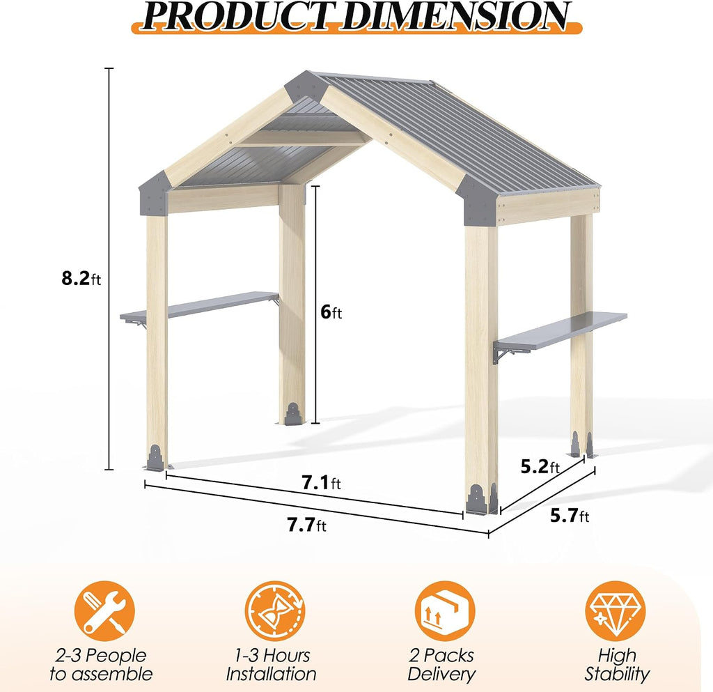 GARTOO 7.7'x5.7' Outdoor Grill Wood Gazebo - Hardtop Gazebo with 2 Side Shelves, Solar Light and Galvanized Steel Roof, Patio Wooden BBQ Pergola for Garden, Porch and Backyard