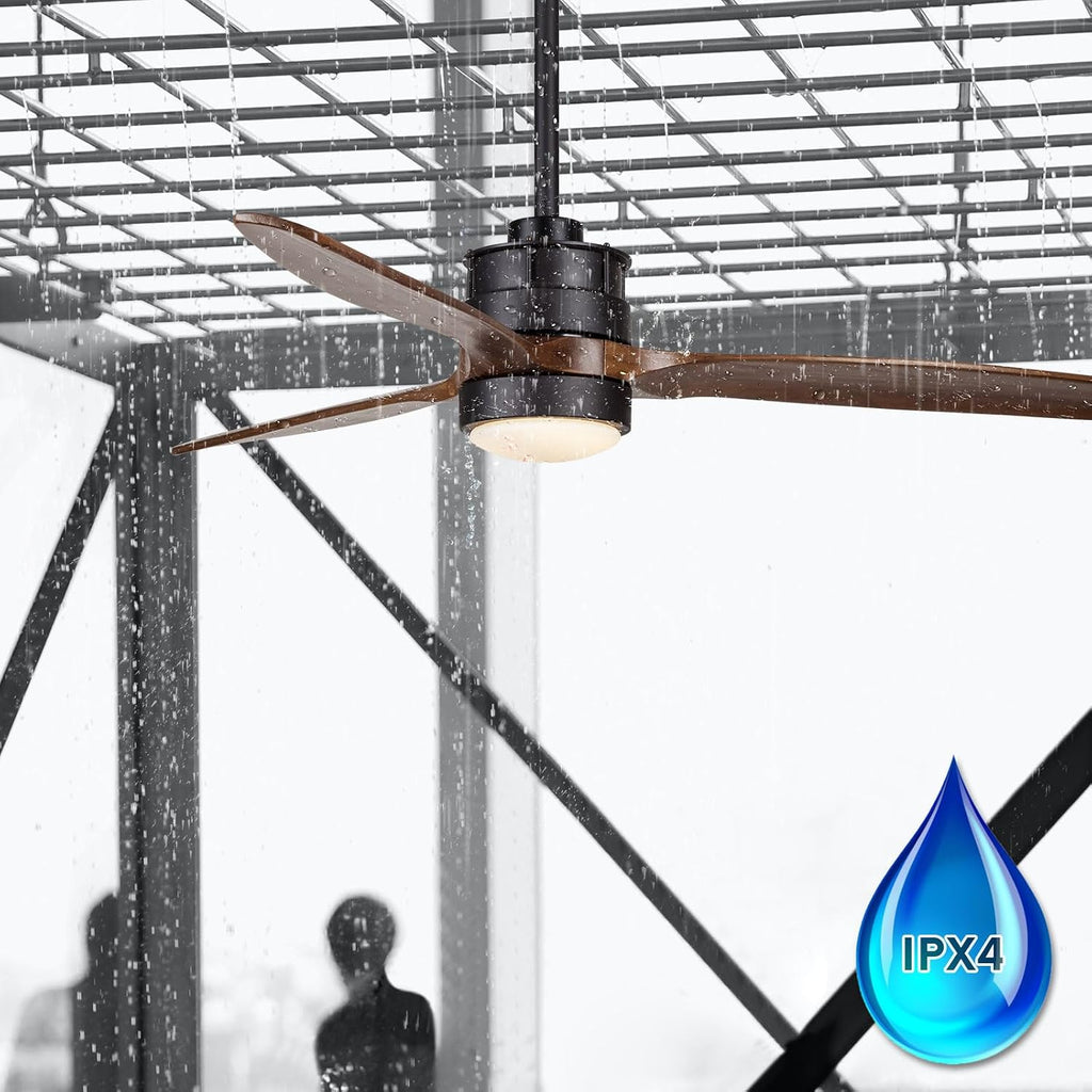 EKIZNSN 52 Inch Wet Rated Outdoor Ceiling Fan with Lights for Patios Waterproof Outdoor and Indoor use, DC Motor w 3 Reversible Walnut Wood Blades