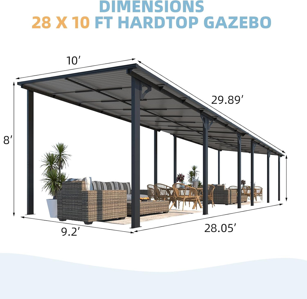 AECOJOY 28' x 10' Gazebo for Patio, Large Wall-Mounted Hard Top Lean-to Gazebo Pergola with Roof 10' x 28' on Clearance, Heavy Duty Patio Awnings for Decks, Backyard