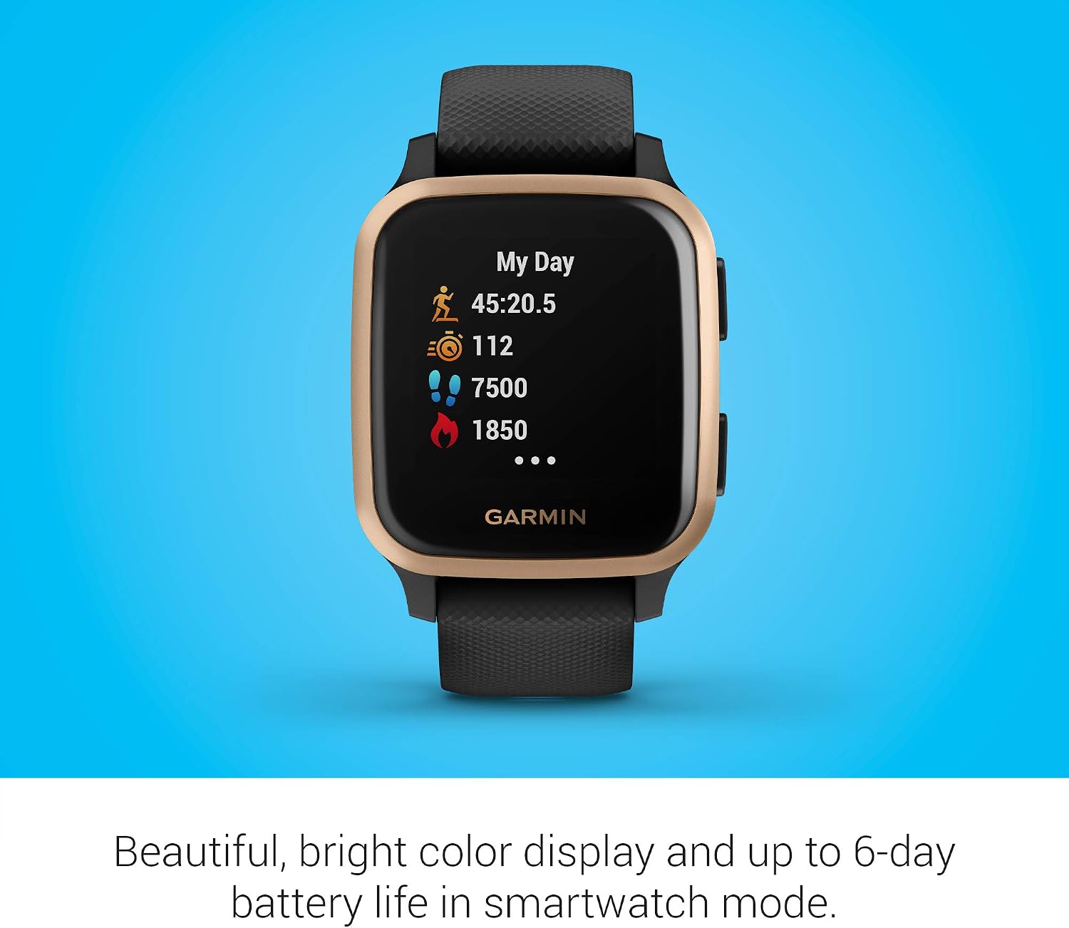 Garmin Venu Sq Music, GPS Smartwatch with Bright Touchscreen Display, Features Music and Up to 6 Days of Battery Life, Black and Rose Gold