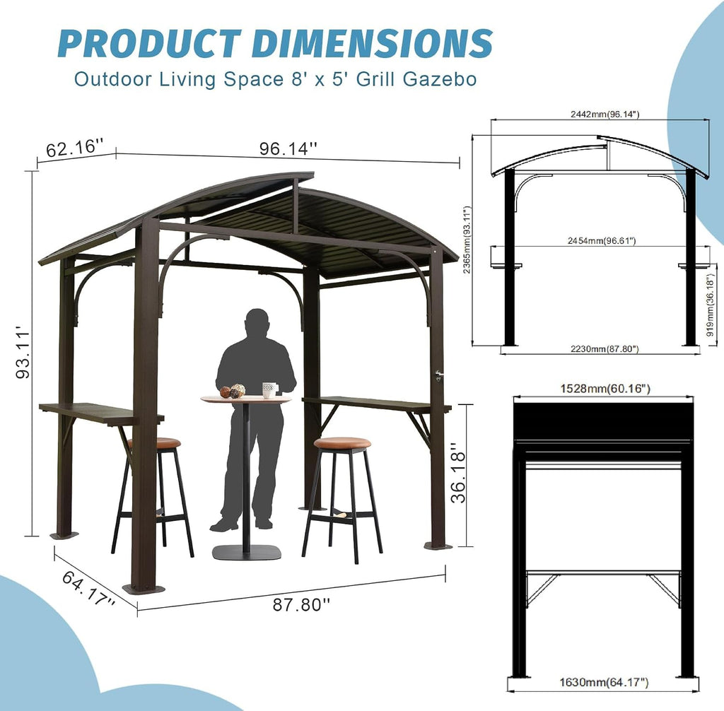 Hardtop Grill Gazebo 8x5FT, Outdoor BBQ Gazebo with Galvanized Steel Double Roof, Permanent Sun Shade Grill Canopy Shelter with 2 Side Shelves and Ceiling Hook for Patio Yard Garden (Brown)