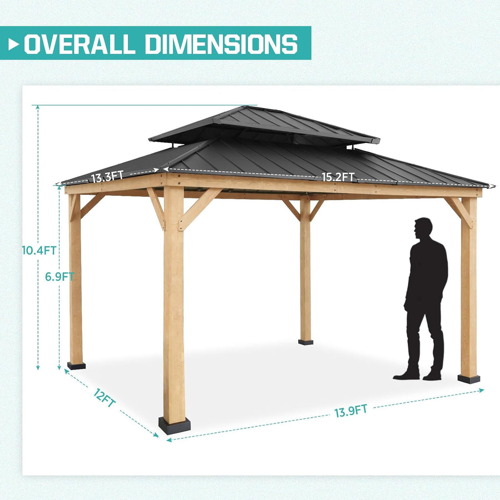 EAGLE PEAK 13x15 Hardtop Gazebo, Galvanized Steel Double Roof Gazebo with Cedar Wood Frame, Outdoor Pavilion for Patio, Deck, Lawn and Garden, Natural Wood/Black