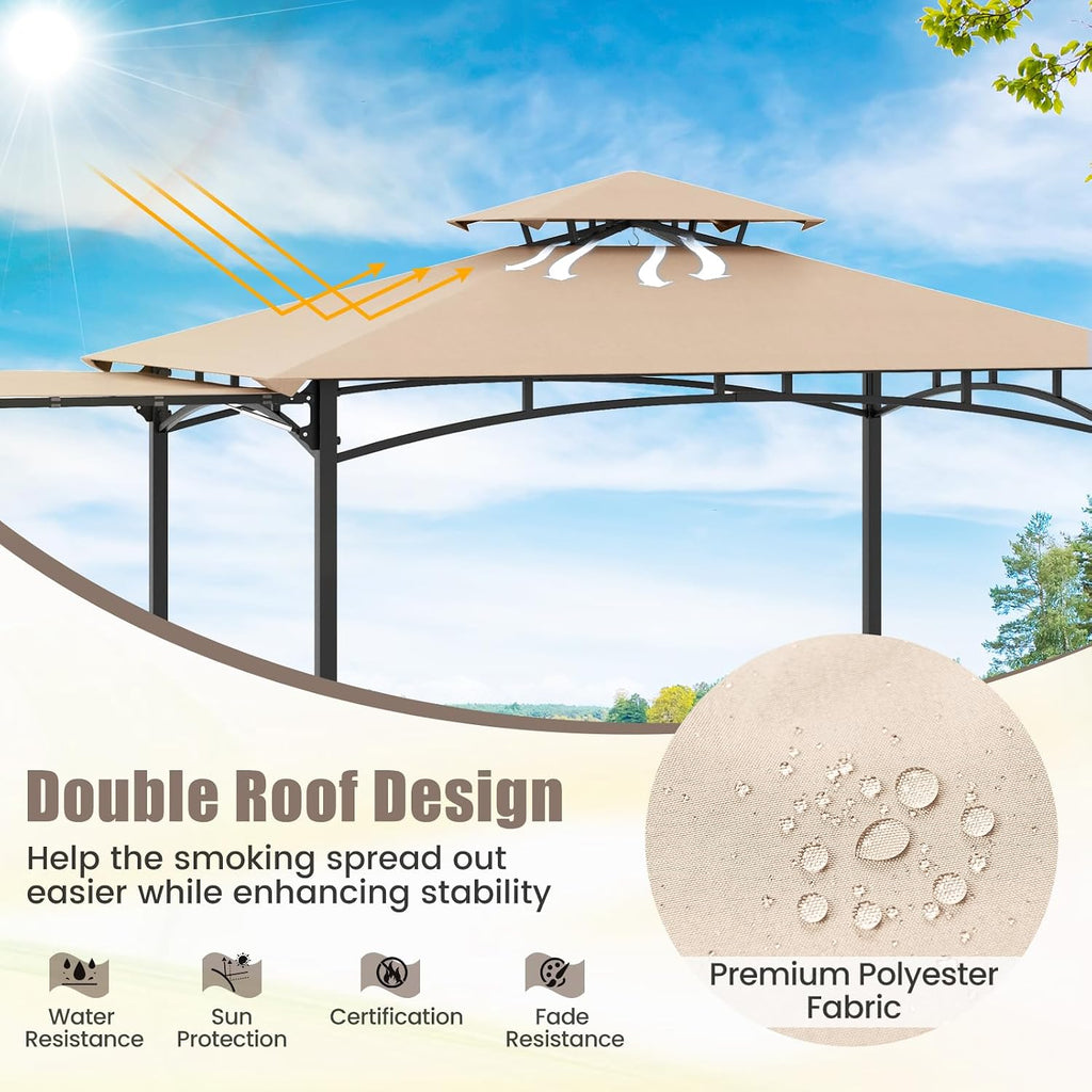 HAPPYGRILL Outdoor Grill Gazebo Canopy 11 x 5 FT, Barbecue Canopy with Double-Tiered Top, 2 Side Shelves, Hanging Hooks, Bottle Opener, Metal Frame, BBQ Grilling Shelter