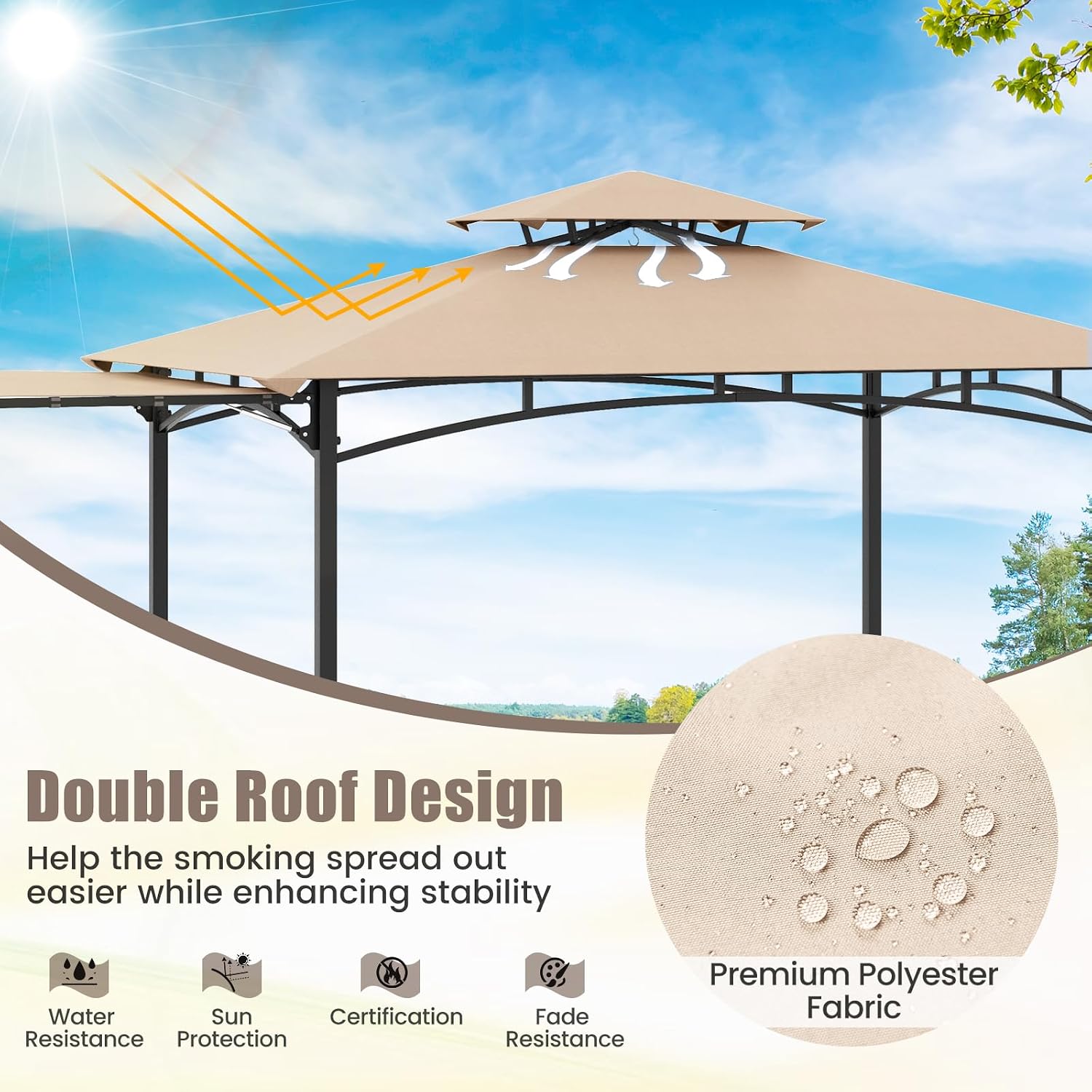 HAPPYGRILL Outdoor Grill Gazebo Canopy 11 x 5 FT, Barbecue Canopy with Double-Tiered Top, 2 Side Shelves, Hanging Hooks, Bottle Opener, Metal Frame, BBQ Grilling Shelter