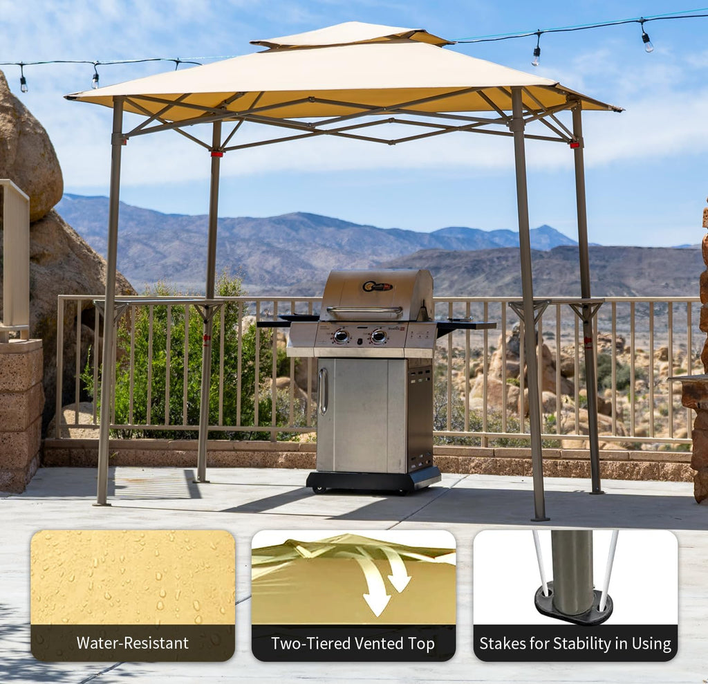 Crown Shades 8x5 Grill Gazebo - Pop Up Canopy for BBQ and Backyard Patio - Easy Outdoor Barbecue Shade Cover with Double Tier Vented Top & 2 Side Shelves (Beige)