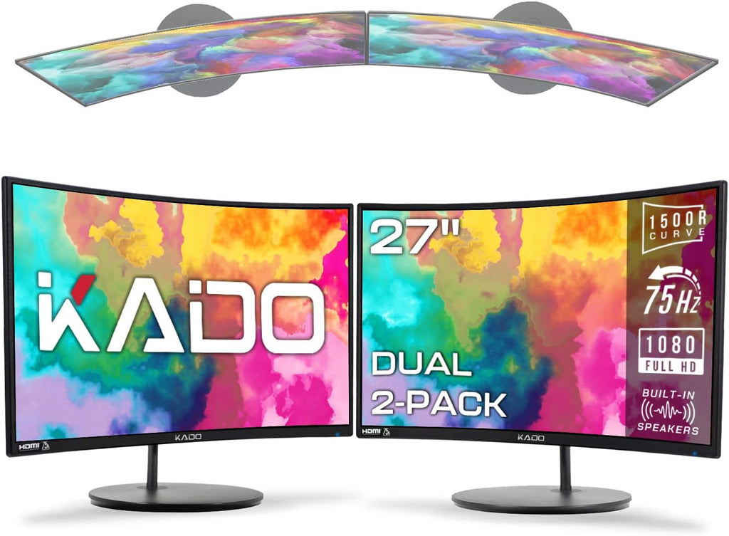 Kado Dual Monitor Setup - 2-Pack 27' Curved 1500R 1920x1080 Computer Monitor 75Hz VESA Mount HDMI Office Gaming Built-in Speakers (C27 Dual Series)