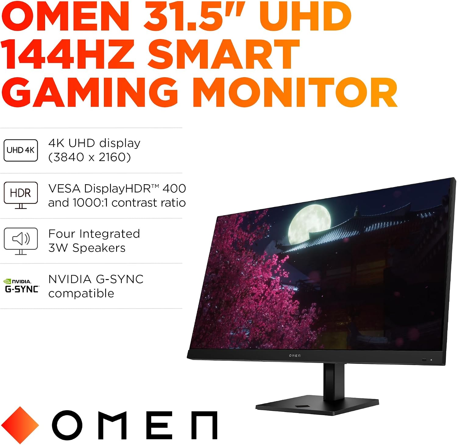 HP OMEN 31.5 inch UHD 144Hz Smart Gaming Monitor, 4K UHD Display (3840 x 2160), IPS Panel Technology, VESA DisplayHDR 400, 1ms GtG (with Overdrive), NVIDIA G-SYNC Compatible, Black, OMEN 32x (2025)