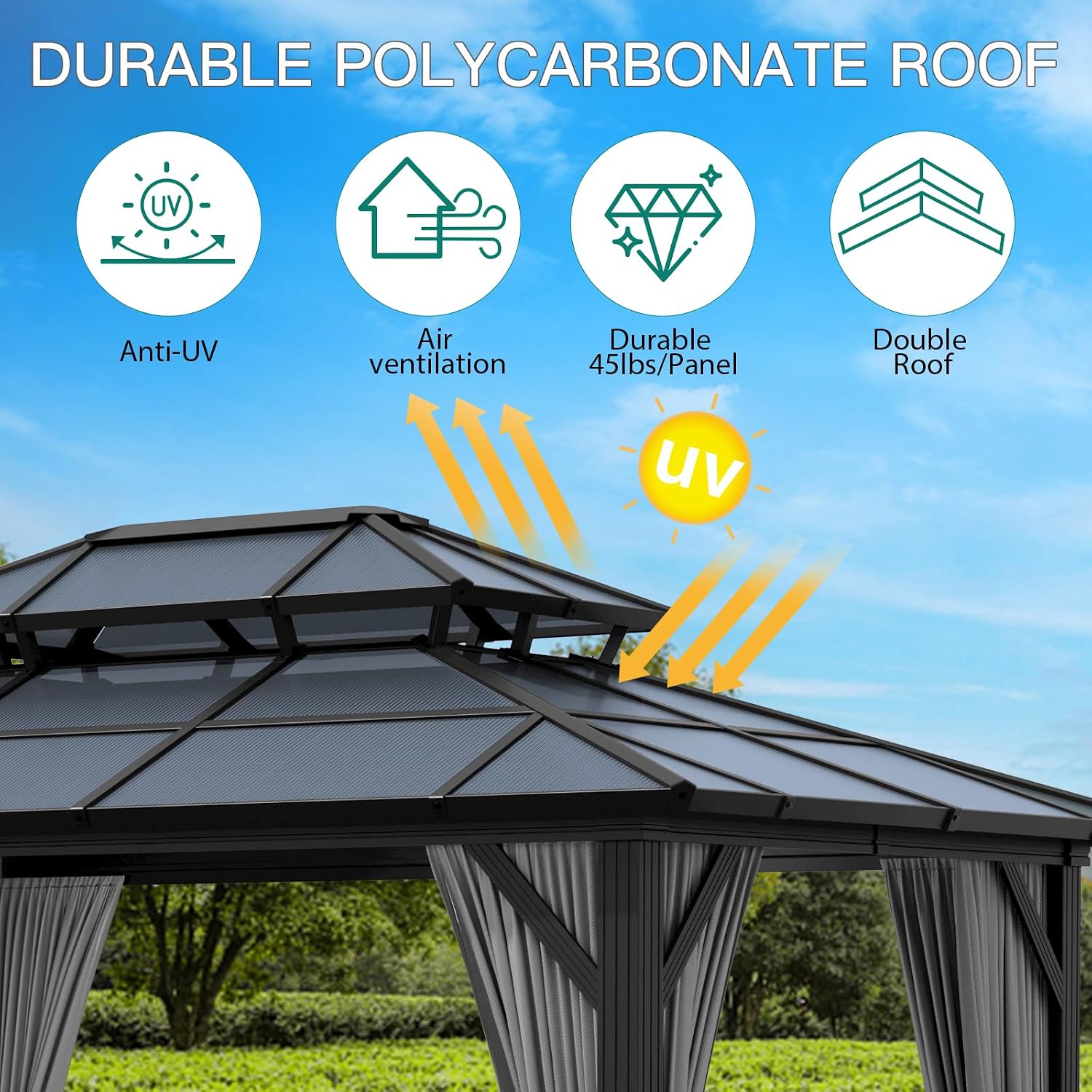 GAOMON 10x13ft Hardtop Gazebo, Outdoor Polycarbonate Double Roof Canopy, Aluminum Frame Permanent Garden Tent with Curtains and Netting for Patio, Lawns (Gray)