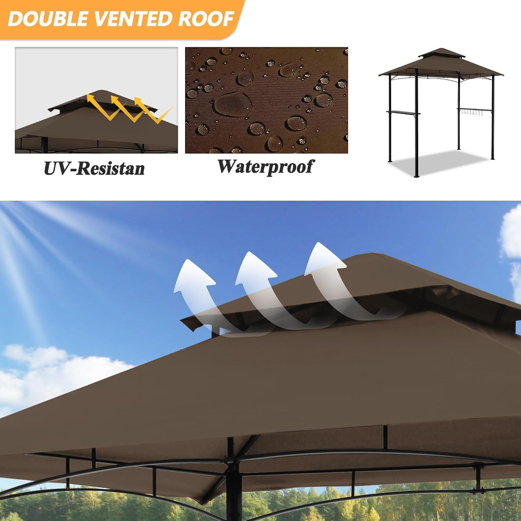 8'x 5' Grill Gazebo Canopy, Outdoor BBQ Gazebo with Led Light, Barbeque Gazebos Shelter for Patio (Brown)