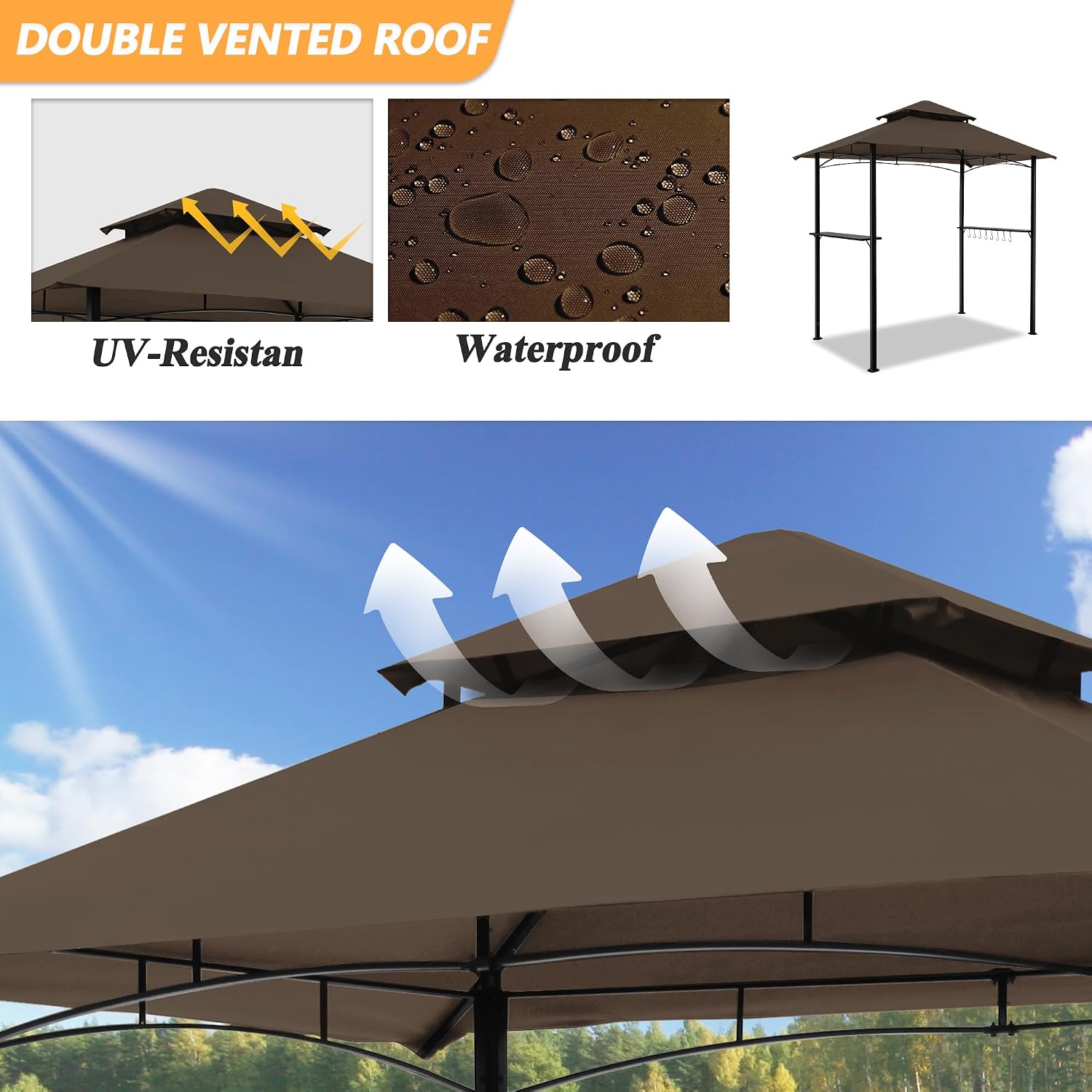 8'x 5' Grill Gazebo Canopy, Outdoor BBQ Gazebo with Led Light, Barbeque Gazebos Shelter for Patio (Brown)