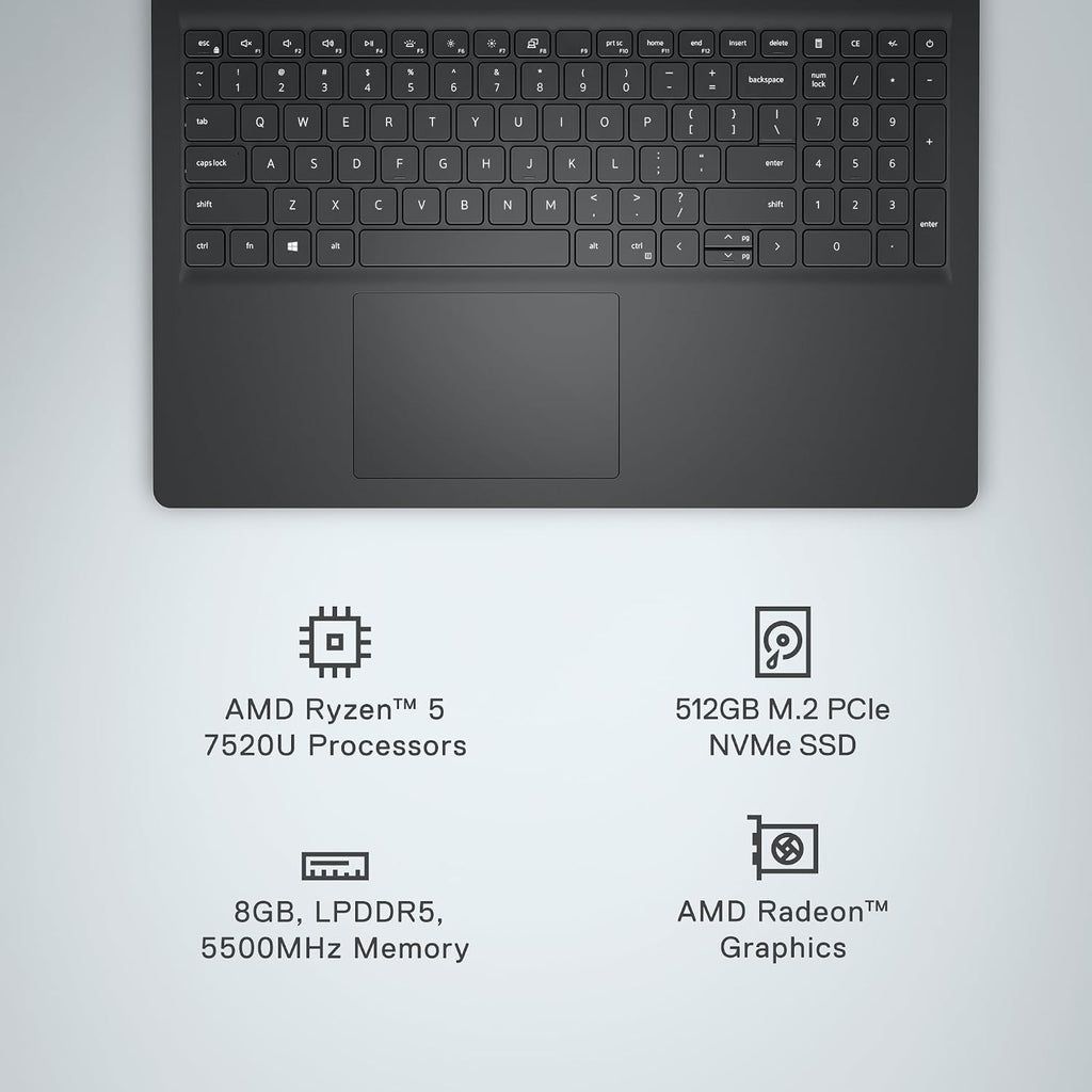 Dell Inspiron 15 3535 Laptop - 15.6-inch FHD (1920 x 1080) Display, AMD Ryzen 5 7520U Processor, 8GB DDR4 RAM, 512GB SSD, AMD Radeon Graphics, Windows 11 Home, 6-Months Migrate - Carbon Black