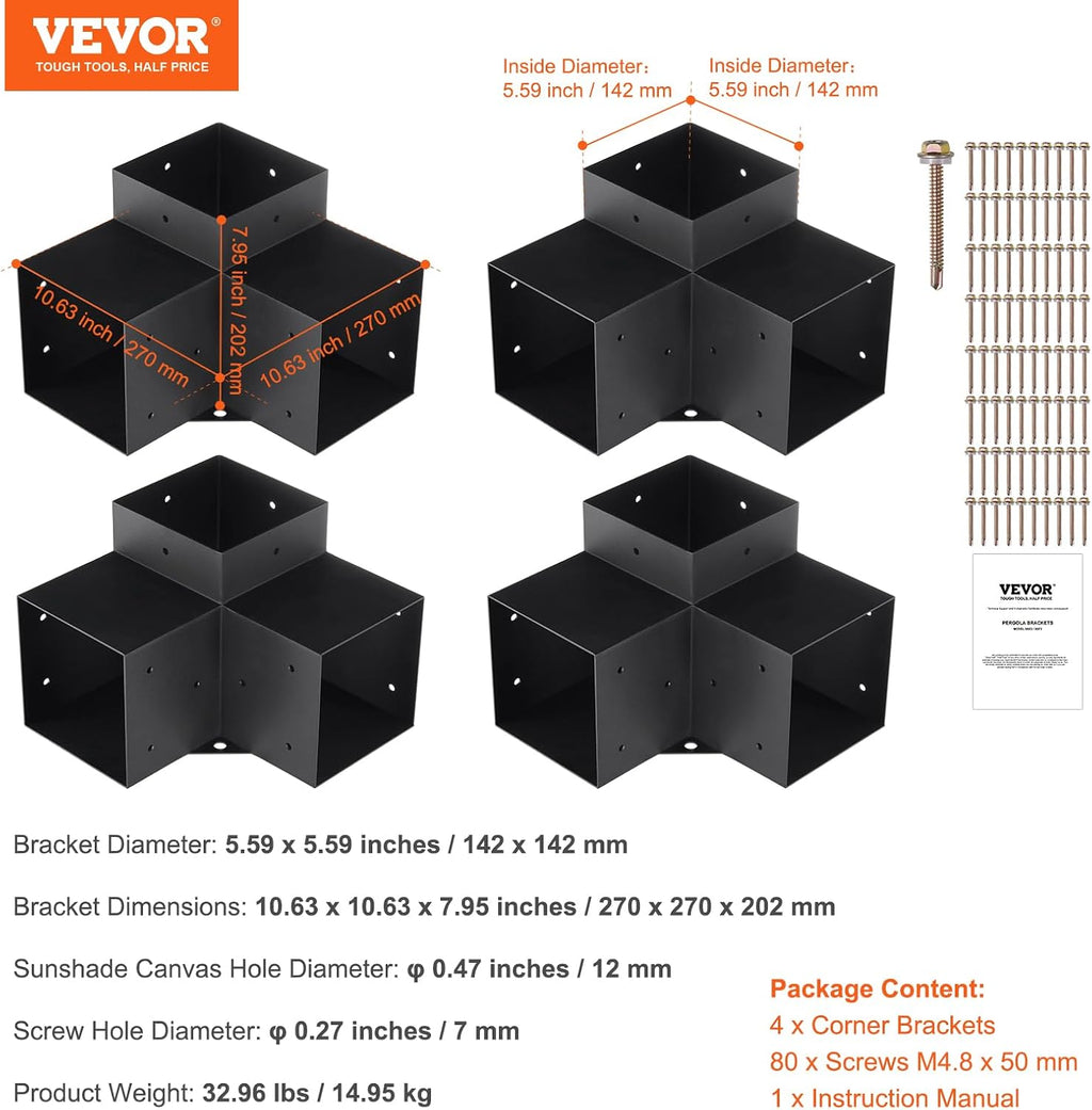 VEVOR Pergola Bracket Kit 6''x6''(Inner Size 5.6x5.6), 4pcs 3-Way Heavy Duty Corner Bracket Woodworks DIY Post Base Kit, Easy Installation Wooden Beams for Gazebos, Patio Pergolas, Log Cabin Outdoor
