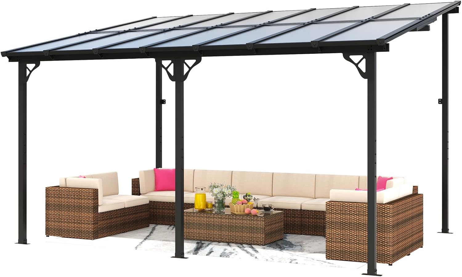 10' x 14' Gazebo for Patio, Gazebo Pergola with Sloped Roof, Large Wall-Mounted Heavy Duty Awnings, for Backyard, Patio, Deck and More