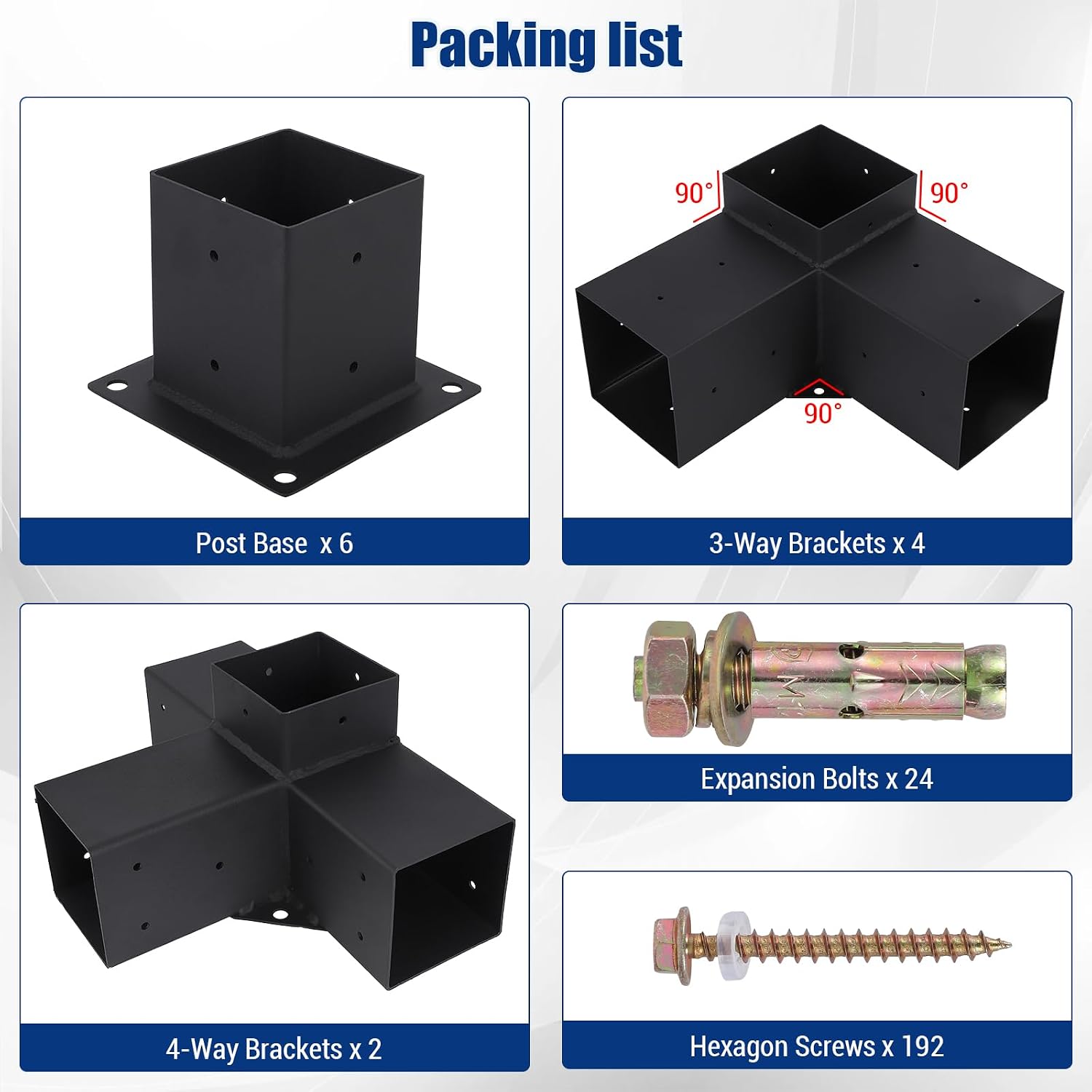 Pergola Brackets 4' x 4', 4 Pack 3-Way Angle Corner Brackets with 6 Pack Post Pergola Brackets, 2 Pack 4-Way Pergola Brackets, Powder Coated Pergola Hardware for Lumber Pergola Gazebo Sunroom