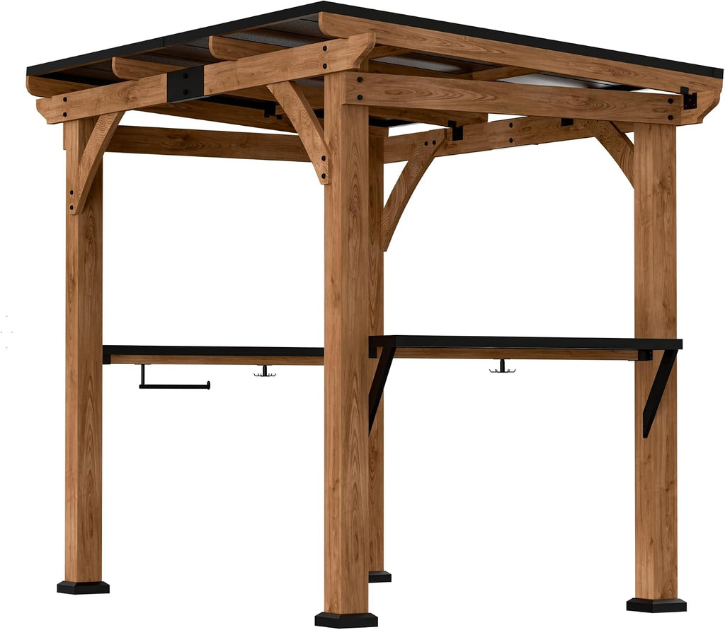 Modern Shade Cedar Wood Frame Grill Gazebo 6' x 8' with USB & USB-C Charging Ports, Galvanized Steel Roof, Side Shelves, Paper Towel Holder, and Rotatable Hooks, Ideal BBQ Gazebo for Patio