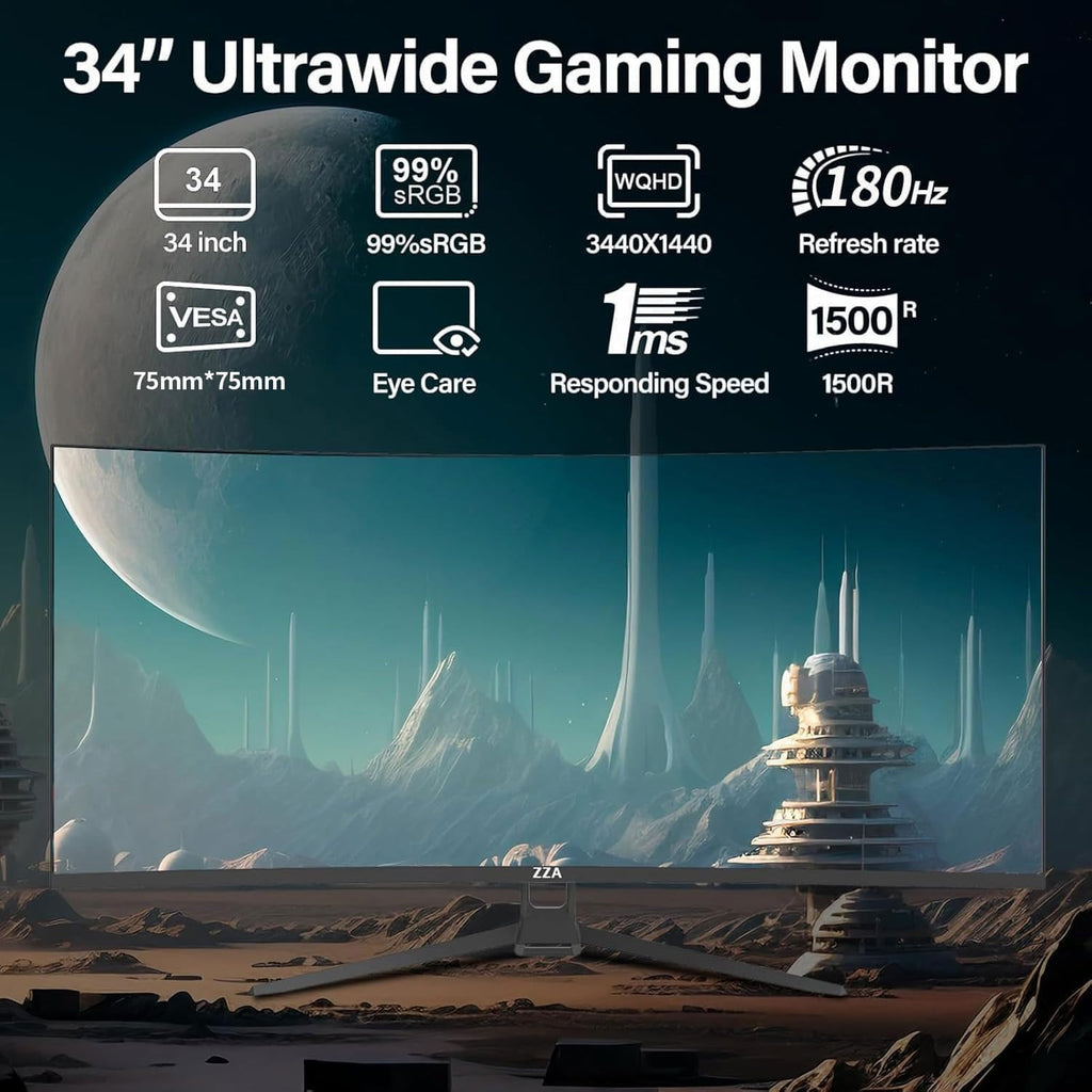 ZZA UltraWide 34 inch Curved Monitor 1500R PC Screen 180HZ/165hz Refresh Rate WQHD 3440x1440 Computer Gaming Monitor VA PanelAMD FreeSync Premium | HDR10 | 99% sRGB | VESA