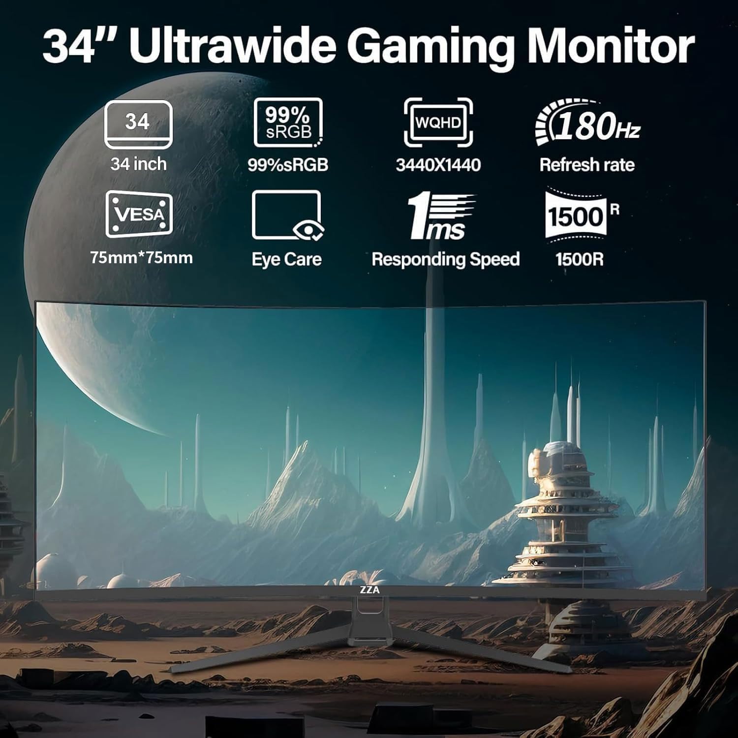 ZZA UltraWide 34 inch Curved Monitor 1500R PC Screen 180HZ/165hz Refresh Rate WQHD 3440x1440 Computer Gaming Monitor VA PanelAMD FreeSync Premium | HDR10 | 99% sRGB | VESA