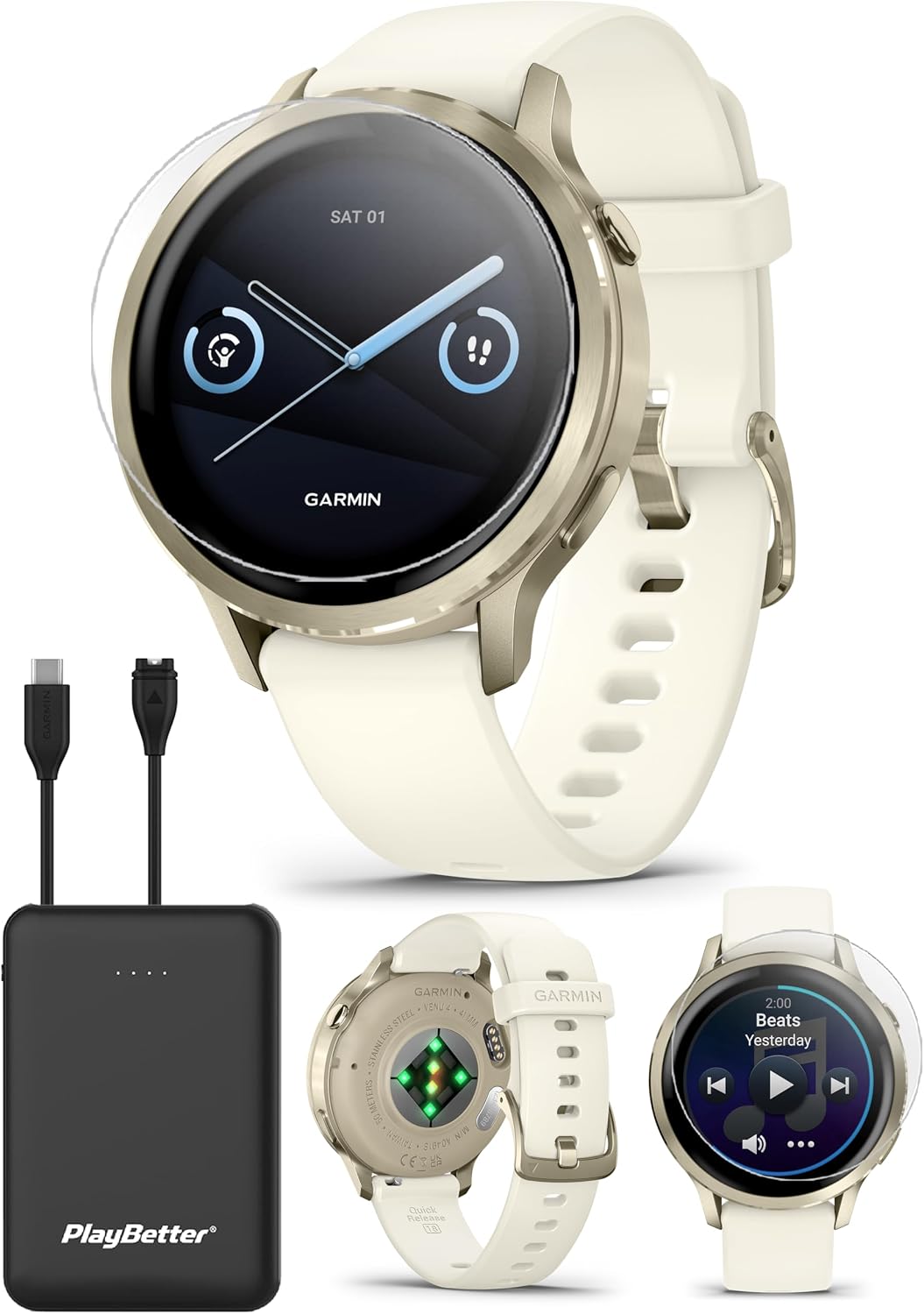 PlayBetter Garmin Venu 4 (Lunar Gold/Bone, 41mm) Fitness GPS Smartwatch Bundle - AMOLED Display, Built-in Flashlight, Long Battery Life Portable Charger & HD Screen Protectors