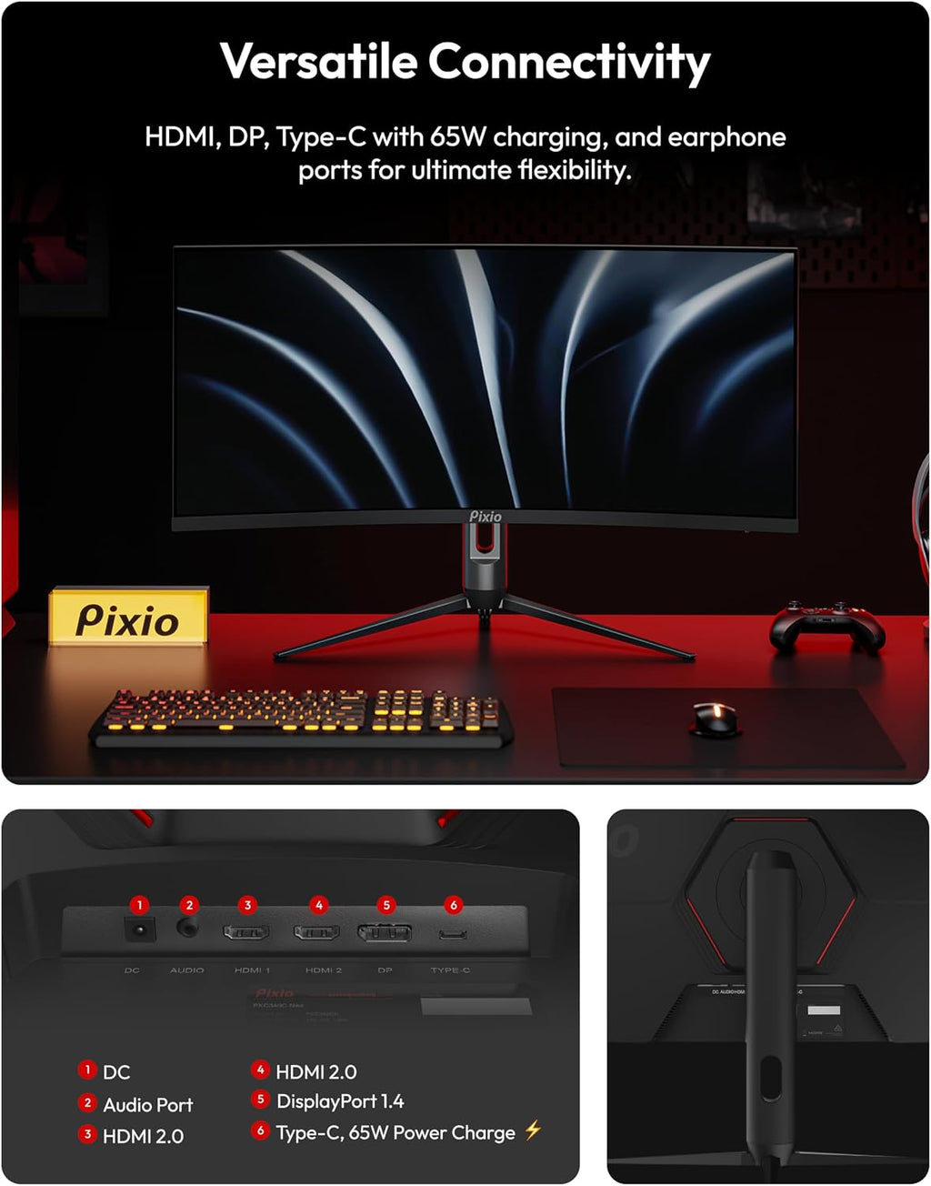 Pixio PXC348C Neo 34 inch 180Hz Refresh Rate UWQHD 1440p Ultrawide Resolution 1000R Curve Fast VA Panel 1ms Response Time USB-C Displayport 65W Charging AMD FreeSync Premium HDR Curved Gaming Monitor