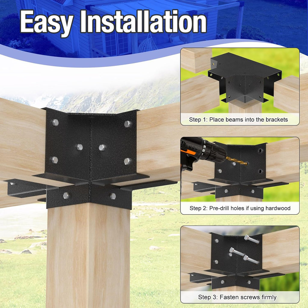 12PCS 3-Way & 4-Way Pergola Brackets, 4'x4' Pergola Kit, Wood Post Base Bracket for Gazebos, Patio Pergolas, Log Cabin, Wooden Beams