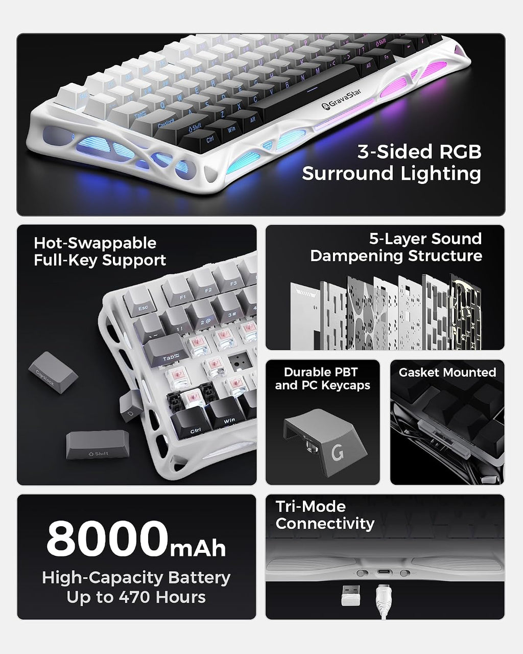 GravaStar Mercury K1 75% Wireless Mechanical Gaming Keyboard, Aluminum Alloy Exoskeleton Design, Gasket Custom Keyboard Hot-Swap Socket, Linear Switches, RGB Backlit