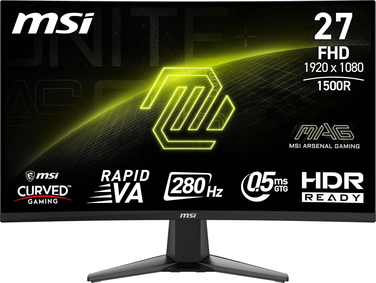 msi MAG 276CXF 27-inch 1920 x 1080 (FHD) Curved Monitor, 280Hz, HDMI, DisplayPort, VGA Port, VESA Mountable, Tilt, Speaker, Slim Bezel, 0.5ms, Black