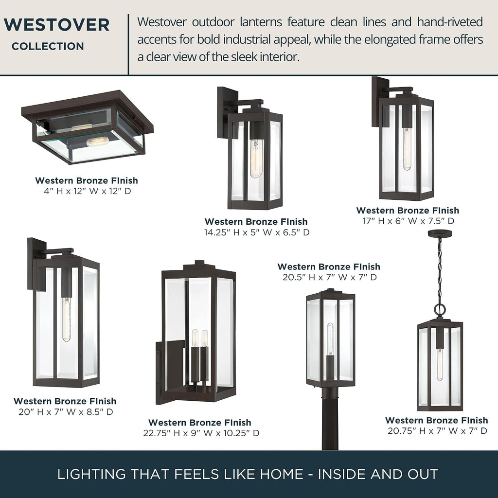 Quoizel Westover 14' Outdoor Wall Sconce, 1-Light Western Bronze with Clear Beveled Glass, E26 Base, Wet Rated