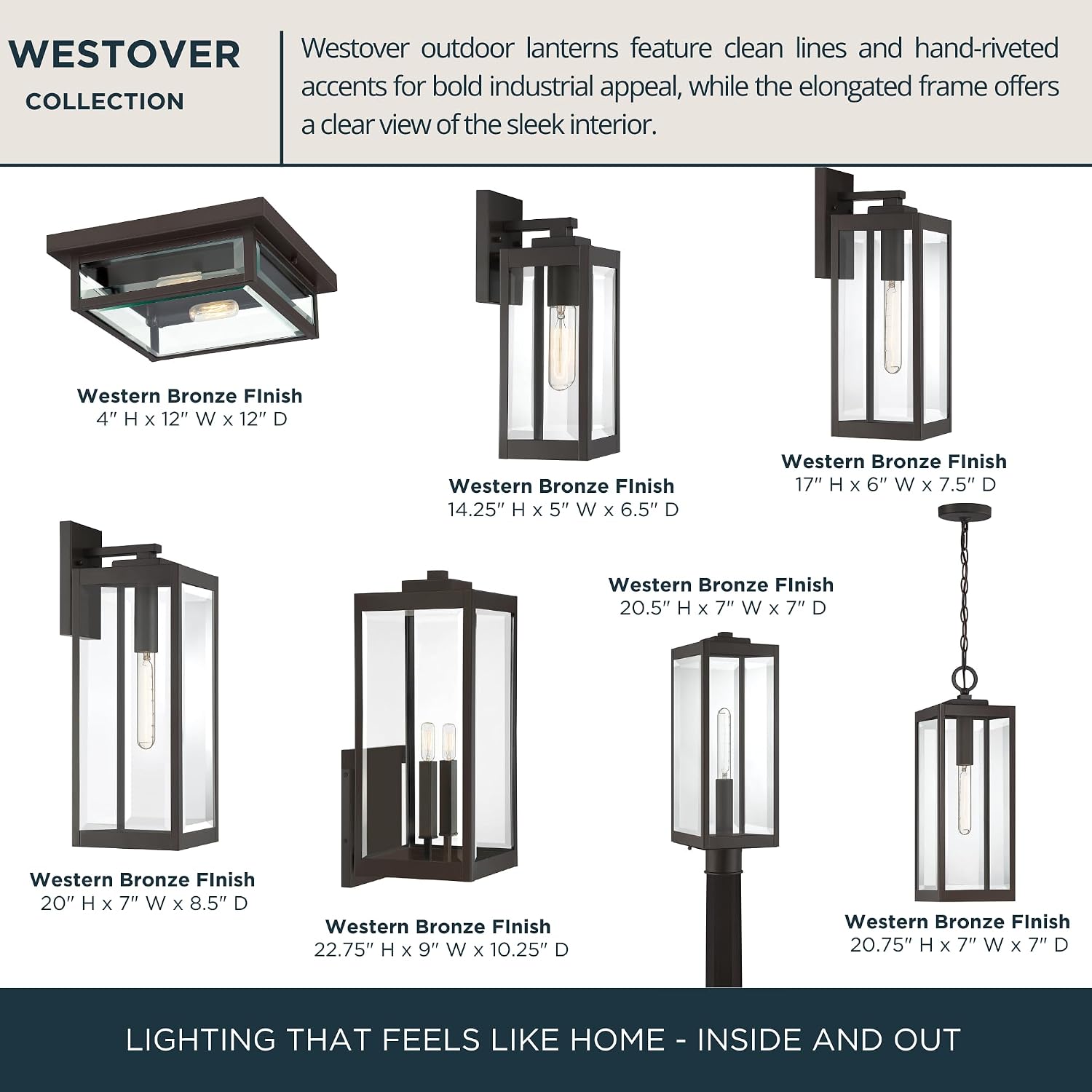 Quoizel Westover 14' Outdoor Wall Sconce, 1-Light Western Bronze with Clear Beveled Glass, E26 Base, Wet Rated