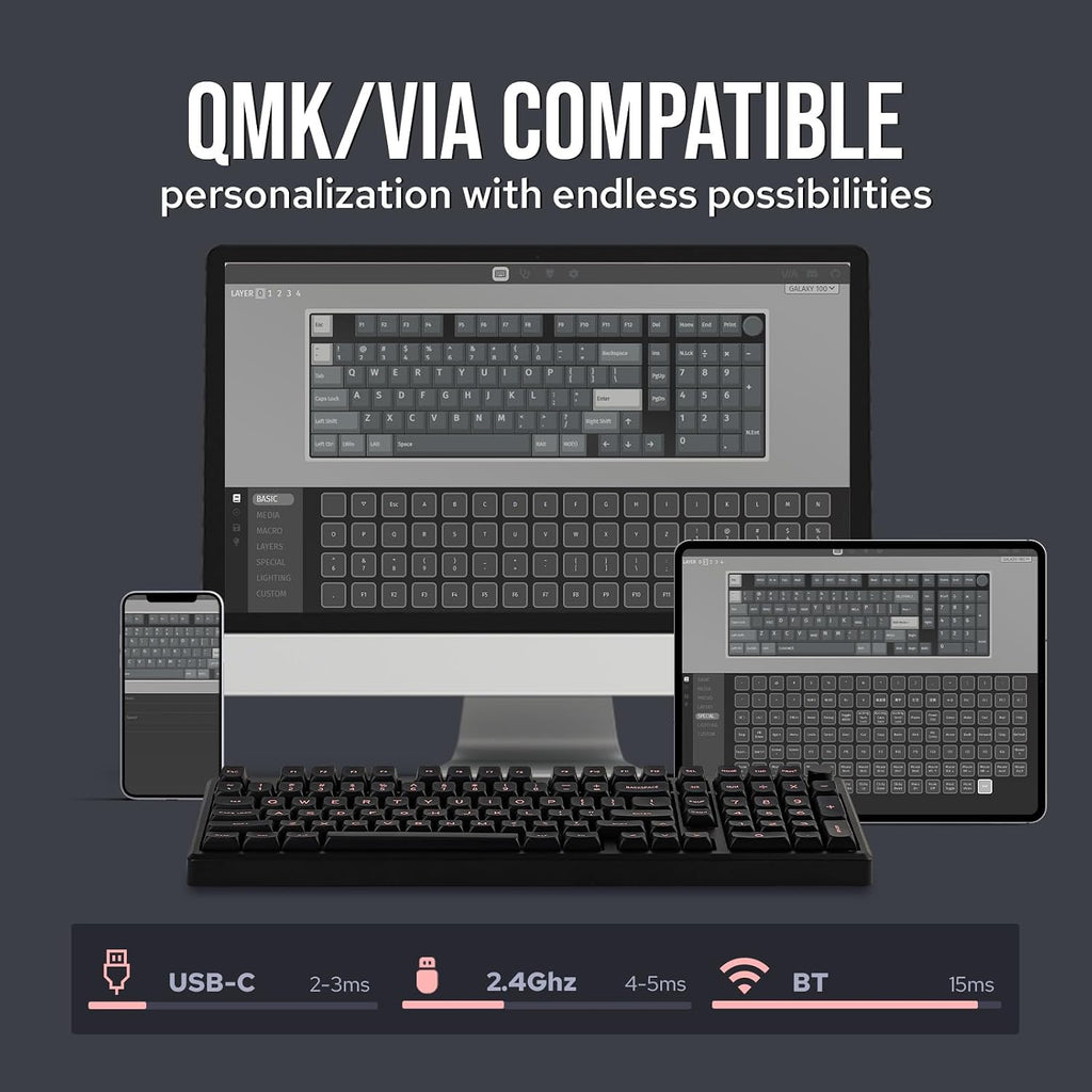 EPOMAKER Galaxy100 QMK/VIA Wireless Gaming Keyboard, Aluminum Shell, BT/2.4Ghz/USB-C, Pre-Lubed Hot-Swappable Linear Switches, NKRO, RGB Backlit (Black, Wisteria Linear Switch)