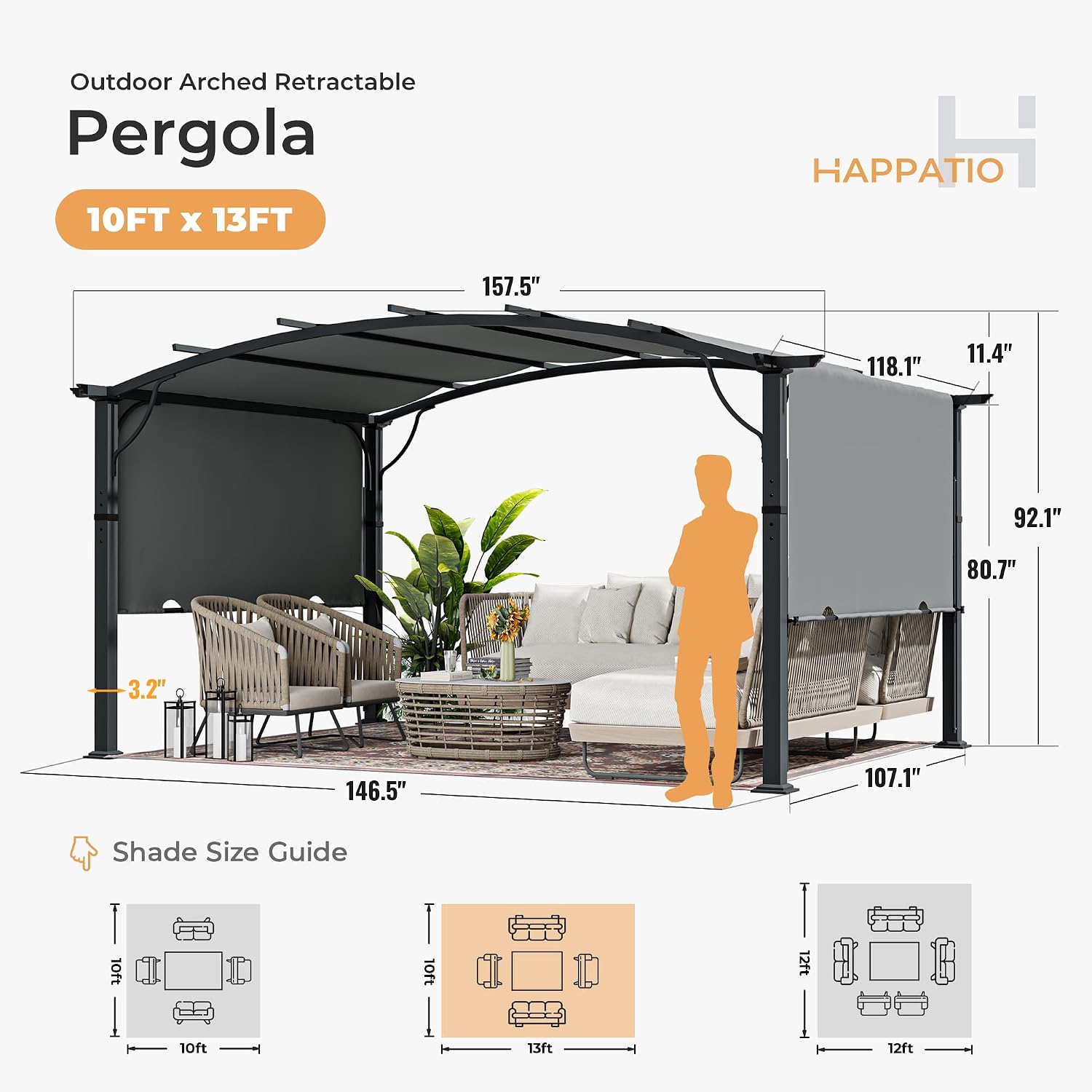 HAPPATIO 10' x13' Outdoor Arched Patio Pergola, Outdoor Retractable Pergola with Sun Shade Canopy, Aluminum Frame with Canopy Fixed in Various Positions for Gardens, Patios, Backyards (Grey)