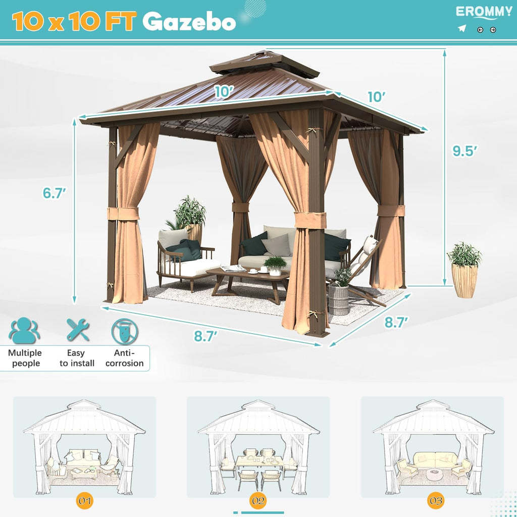 EROMMY 10' x 10' Hardtop Gazebo, Aluminum Frame Gazebos with Galvanized Steel Double Roof, Permanent Outdoor Metal Pavilion with Curtain and Netting for Patio, Lawn, Deck