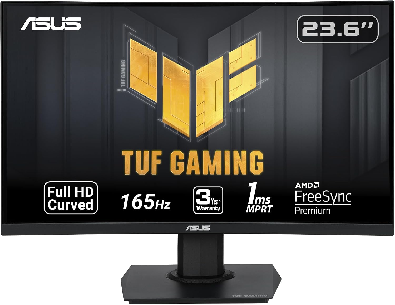 ASUS TUF Gaming 23.6' 1080P Curved Monitor (VG24VQE) - Full HD, 165Hz, 1ms, Extreme Low Motion Blur, Adaptive-Sync, FreeSync Premium, Shadow Boost, VESA Mountable, DisplayPort, HDMI