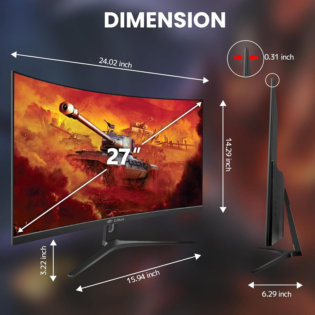 CRUA 27' Curved Gaming Monitor, FHD 1920x1080P, 144Hz/180Hz Computer Monitor, 1800R VA Screen, 120% sRGB, AMD FreeSync, HDMI & DP, Wall Mount Install- Black