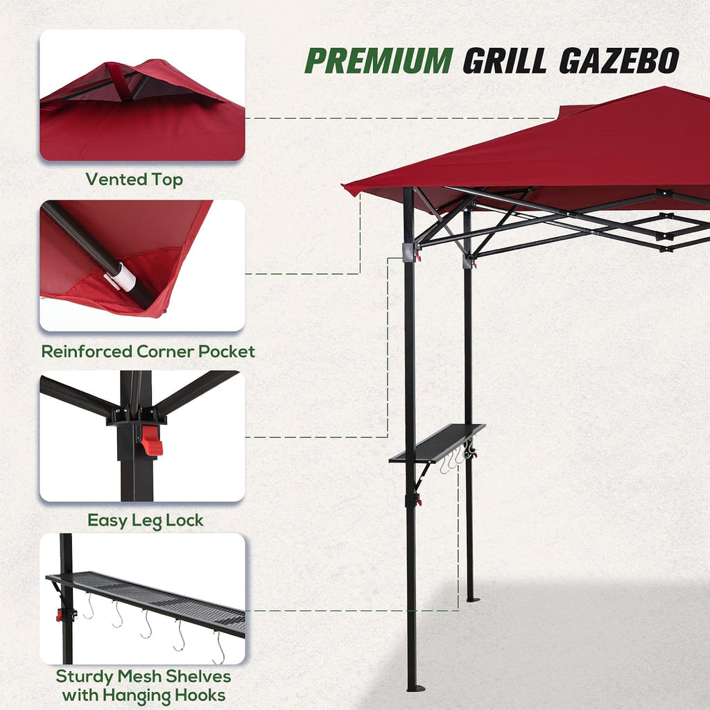 COOS BAY 8x5 Pop Up Outdoor Grill Gazebo, Portable BBQ Grill with Carry Bag, Outdoor Barbecue Shelter with Side Shelves, Red