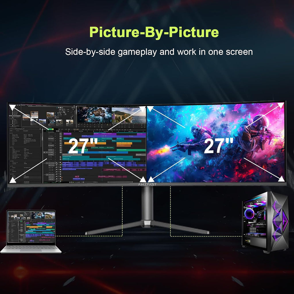 Amzfast 49 Inch Curved Monitor 120Hz DQHD (5120x1440) Ultrawide Gaming Monitor, 120% sRGB, 1500R, 1ms MPRT, HDR, Adaptive Sync, PIP/PBP, Height Adjustable, HDMI 2.0/DP 1.4, VESA 75x75, AMZG49C7U