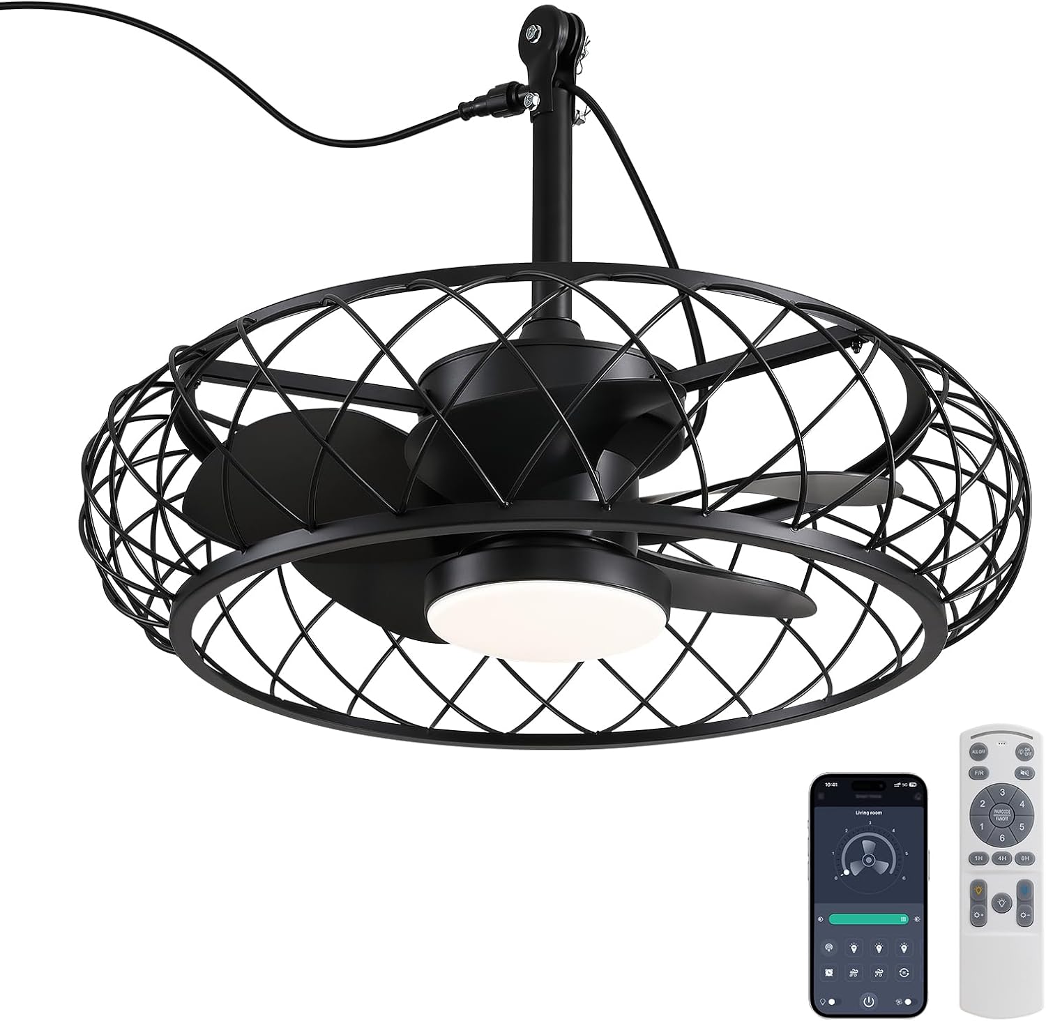 24' Outdoor Ceiling Fan with Light Hanging Plug in Caged Gazebo Fan Remote APP Control 3CCT Dimmable, Quiet Reversible DC Motor Waterproof for Patio Pergola Porch Canopy Black