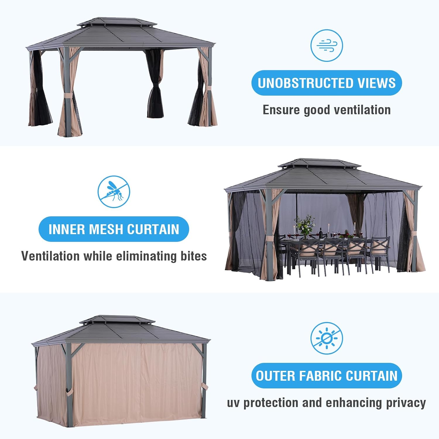 LeDoasis Nova 10' X 13' Outdoor Hardtop Gazebo Double Galvanized Steel Gazebo Aluminum Frame Canopy with Netting and Curtains, for Garden,Patio,Lawns,Parties