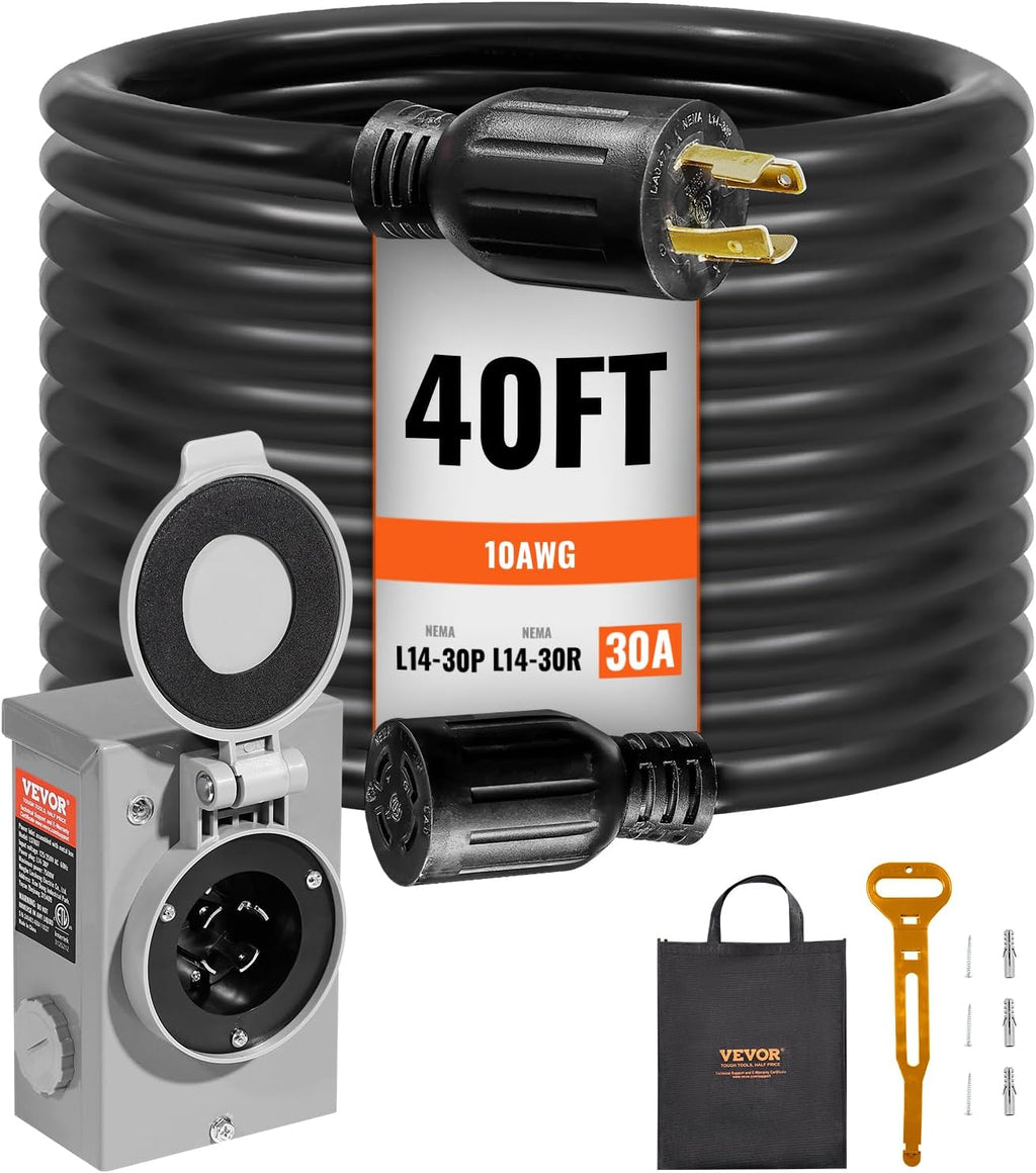 VEVOR 30 Amp Generator Cord and Power Inlet Box Kit, 40 FT Generator Extension Cord NEMA L14-30P/L14-30R STW 10 AWG with Twist Lock Connector, Pre-Drilled Inlet Box, ETL Listed