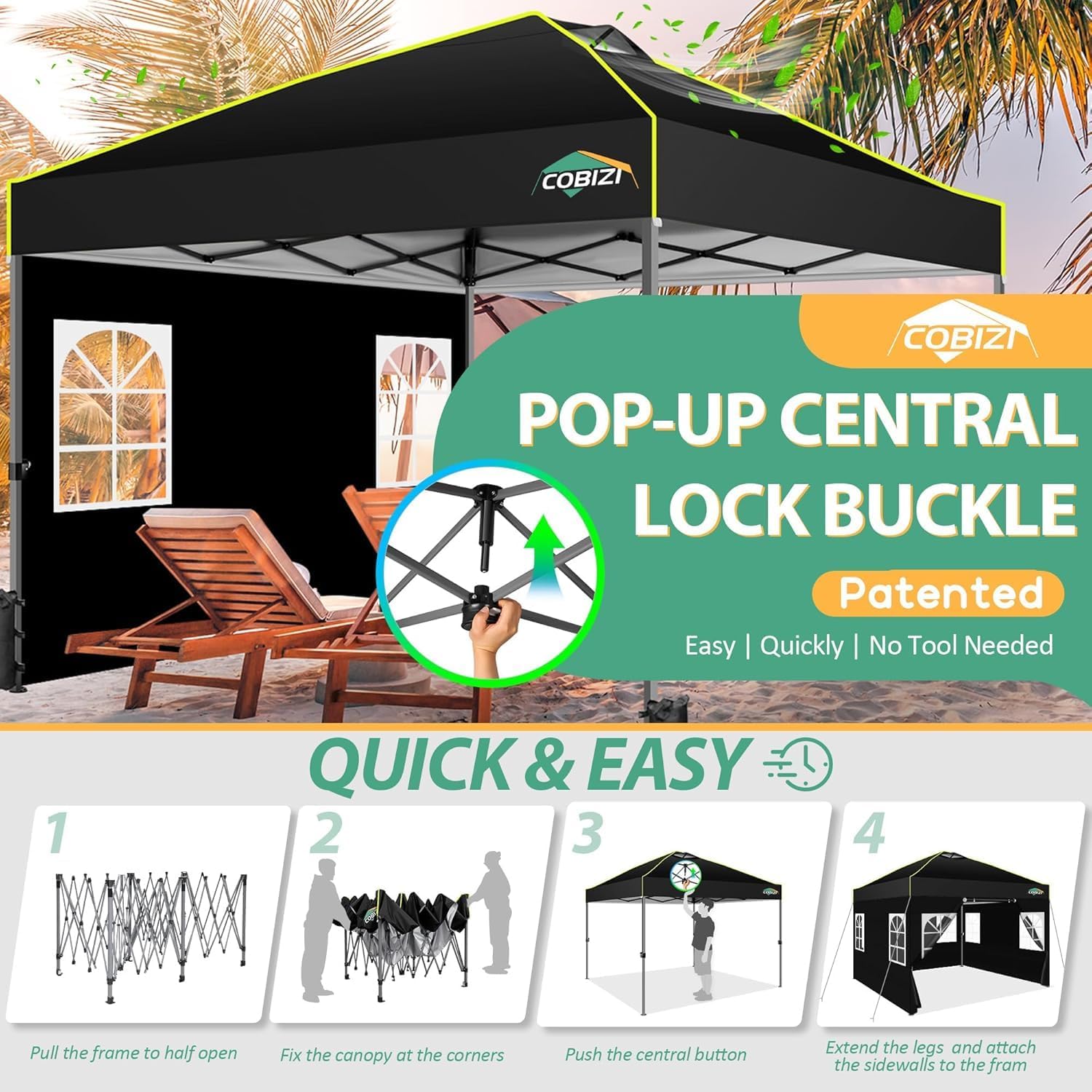 COBIZI 10x10 Pop up Canopy Tent with Sidewalls,One Push Setup Tent for Parties, Waterproof & UV 50+ Outdoor Commercial Gazebo with Air Vent, Reflective Strip,4 Sandbags for Garden, Beach,Black