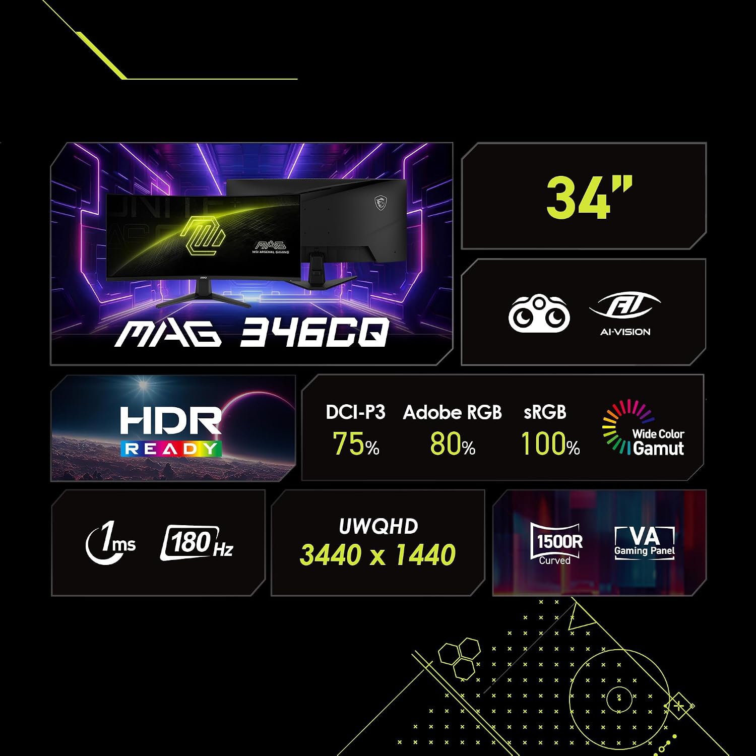 msi MAG 346CQ 34-inch 3440 x 1440 (UWQHD) Gaming Monitor, 180Hz, Adaptive-Sync, HDMI, DisplayPort, VESA Mountable, Tilt, Height Adjustable, Speaker, 1ms, Black